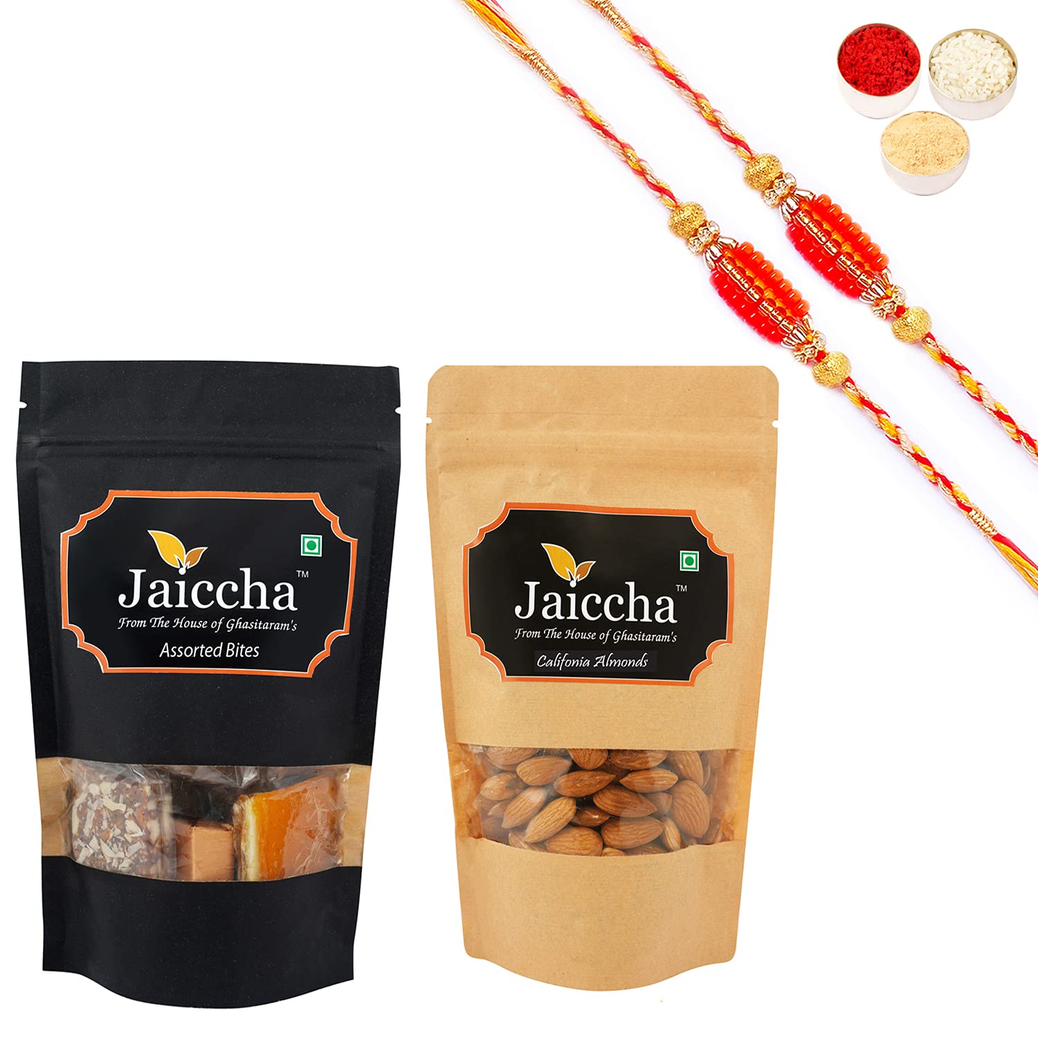 Ghasitaram Gifts Rakhi Gifts for Brothers Rakhi Sweets - Pack of 2 Assorted Bites 100 GMS and Almonds 100 GMS Pouches with 2 Pearl Beads Rakhis