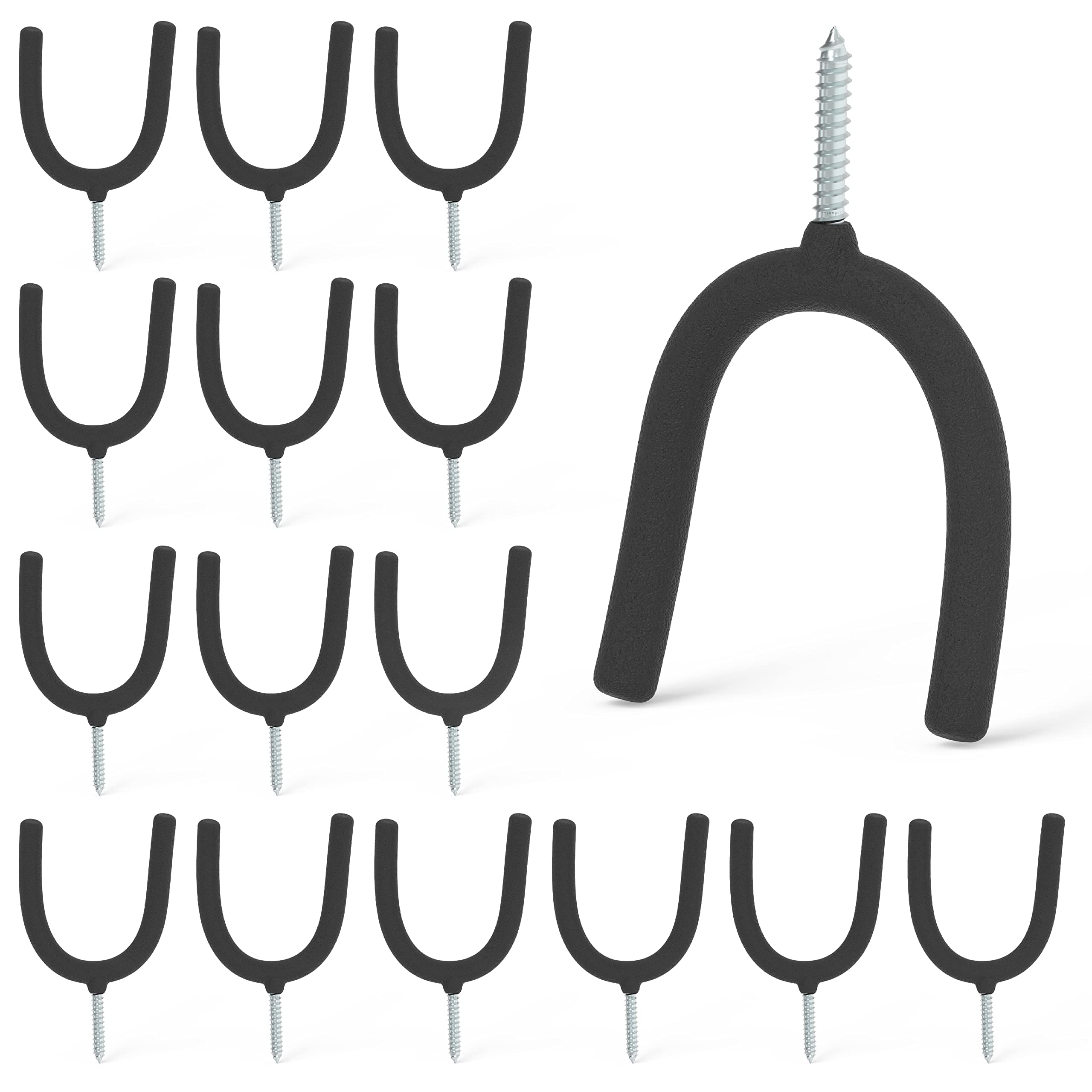 KASTWAVE 16 PCS Screw in U Utility Hooks, Black, Shovel Holder Wall Mount, U Hooks for Hanging Garden Tools for Garage Workshop Storage Hang Shovels Rakes Brooms Sports Equipment Tennis Racket