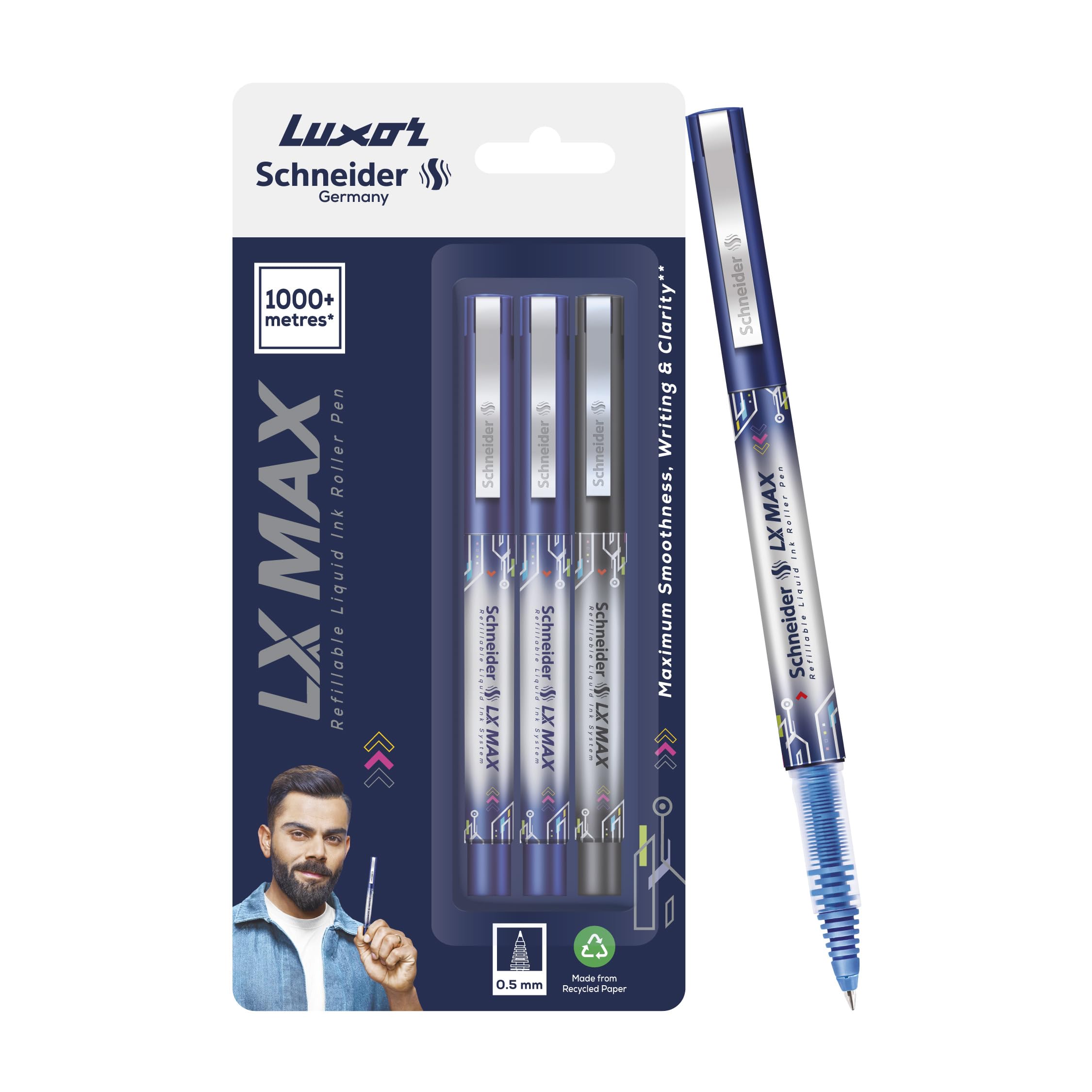 Luxor Schneider LX MAX roller ball pen, Pack of 3, 2 Blue+ 1 Black, Cone Tip, 0.5mm, 100% German Technology, 1000+ mtrs writing length, Waterproof Ink, Ideal for Students & Professionals