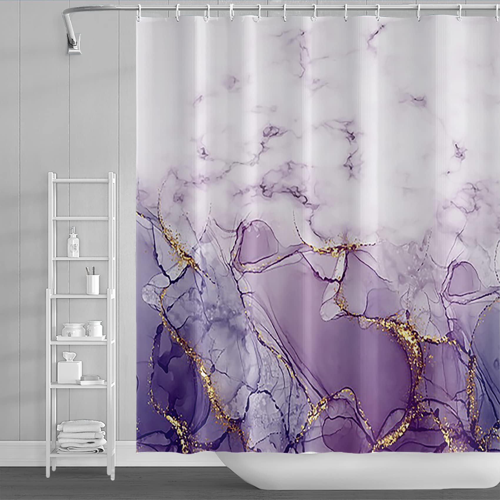 DORCEV 70x72inch Purple Marble Shower Curtain Lavender Golden Powder Colorful Pattern Texture Abstract Aesthetic Ink Art Painting Bath Curtain for Modern Home Hotel Bathroom Decor with Hooks