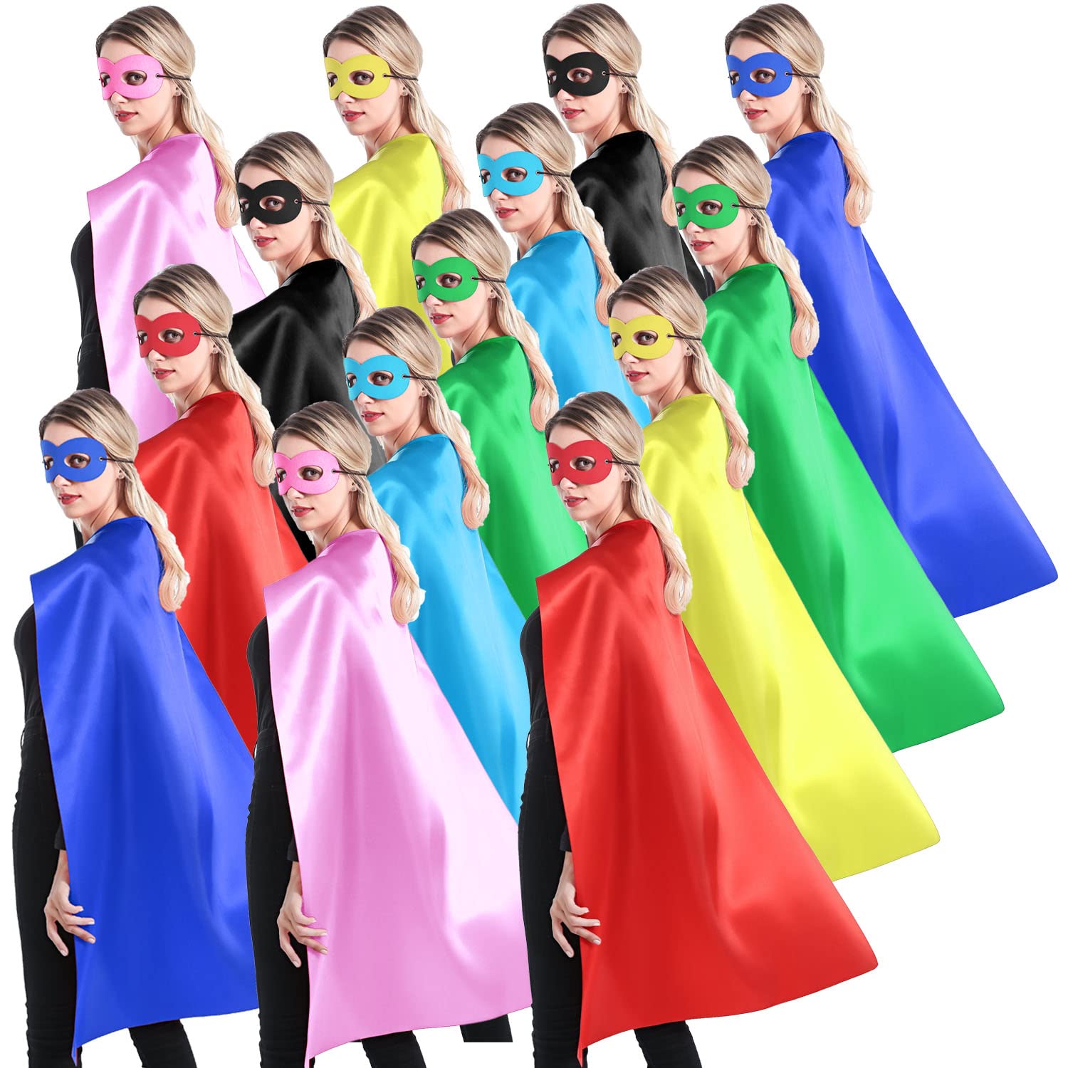 Adult Superhero Capes and Masks for Teenagers Men & Women 14 Sets Bulk Pack - Dress Up Superhero Party Capes for Spirit Day Team Building, Mixed Colors, 14 Sets Pack