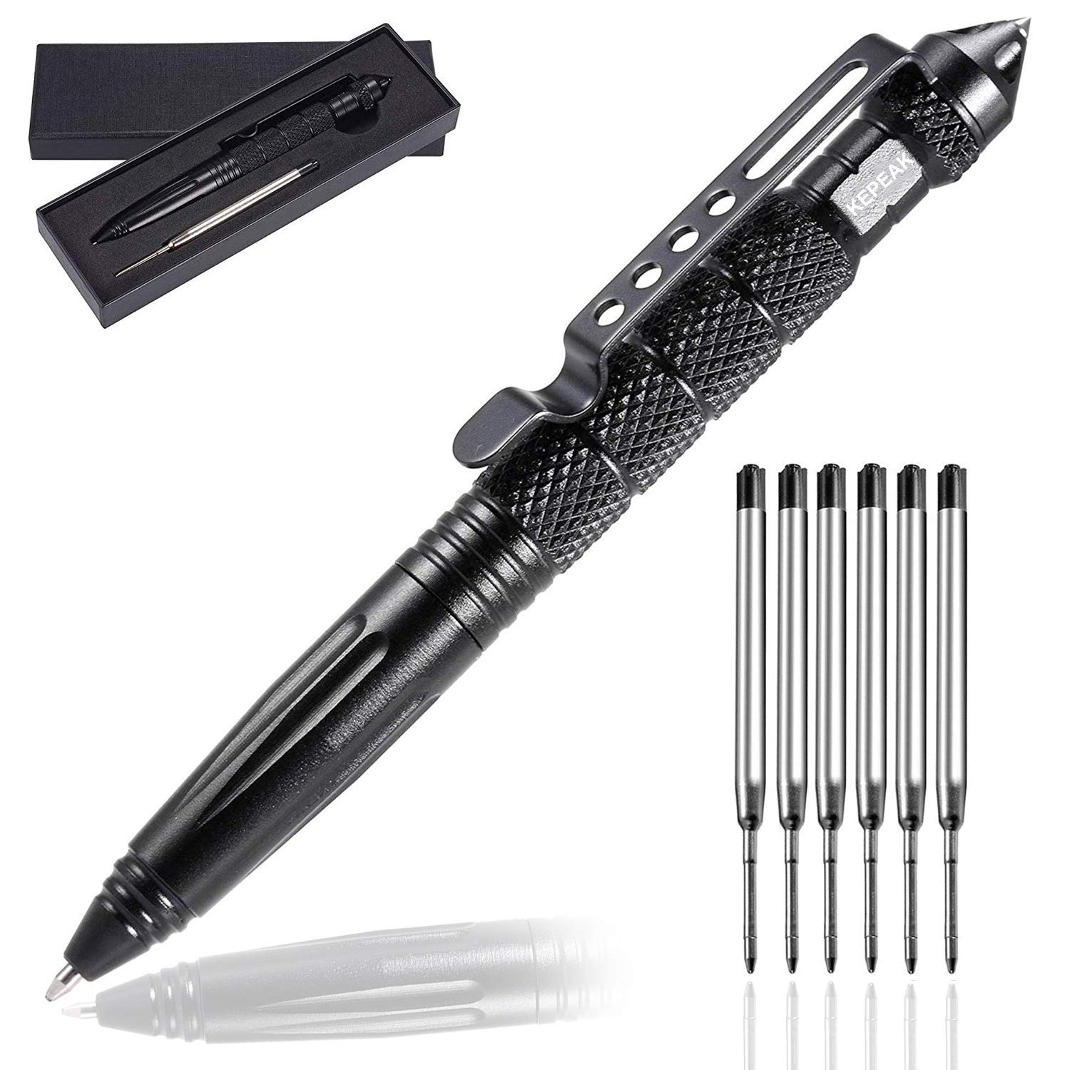 KEPEAK Military Tactical Pen, Professional Self Defense Pen, Emergency Glass Breaker Pen - Tungsten Steel, Writing Tool with 6 Refill