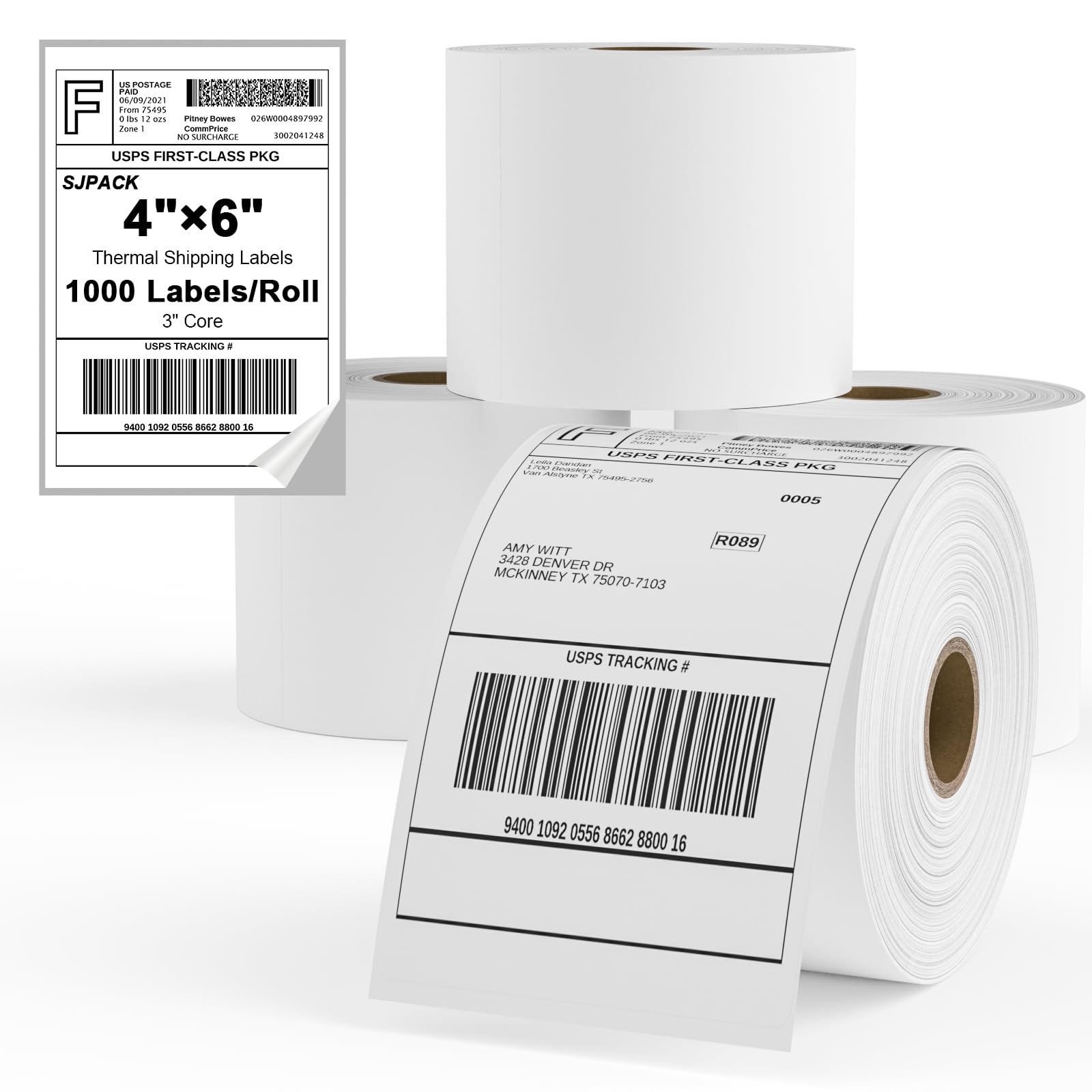 SJPACKSJPACK 4x6 Thermal Labels, 4000 Shipping Labels with Perforated Line, Commercial Grade Thermal Shipping Label Paper (4 Rolls - 4000 Labels)