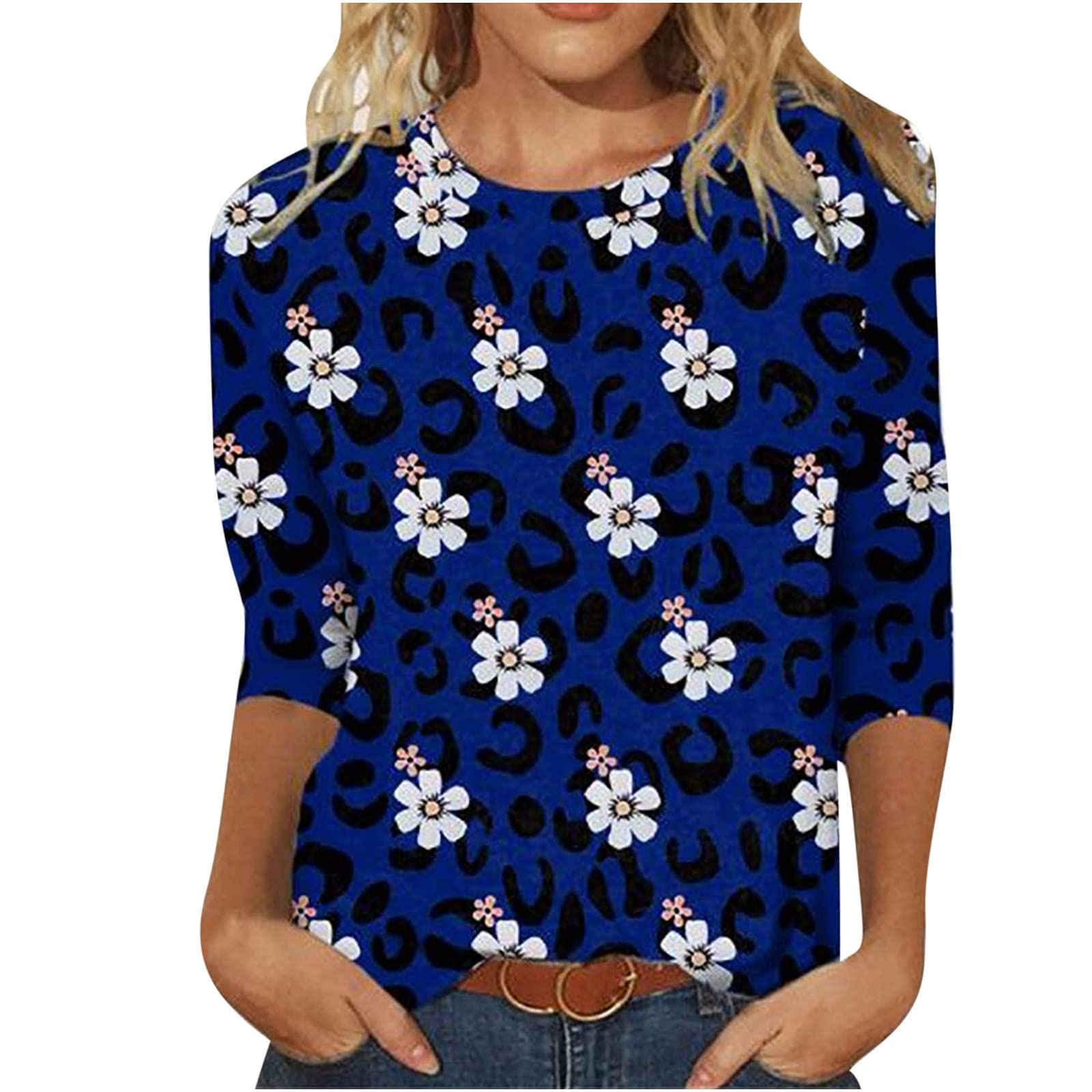 Tops for Women 3/4 Sleeve Casual Crewneck Elegant Blouses Floral Print Loose Fit Summer T-Shirt Pullover 2023