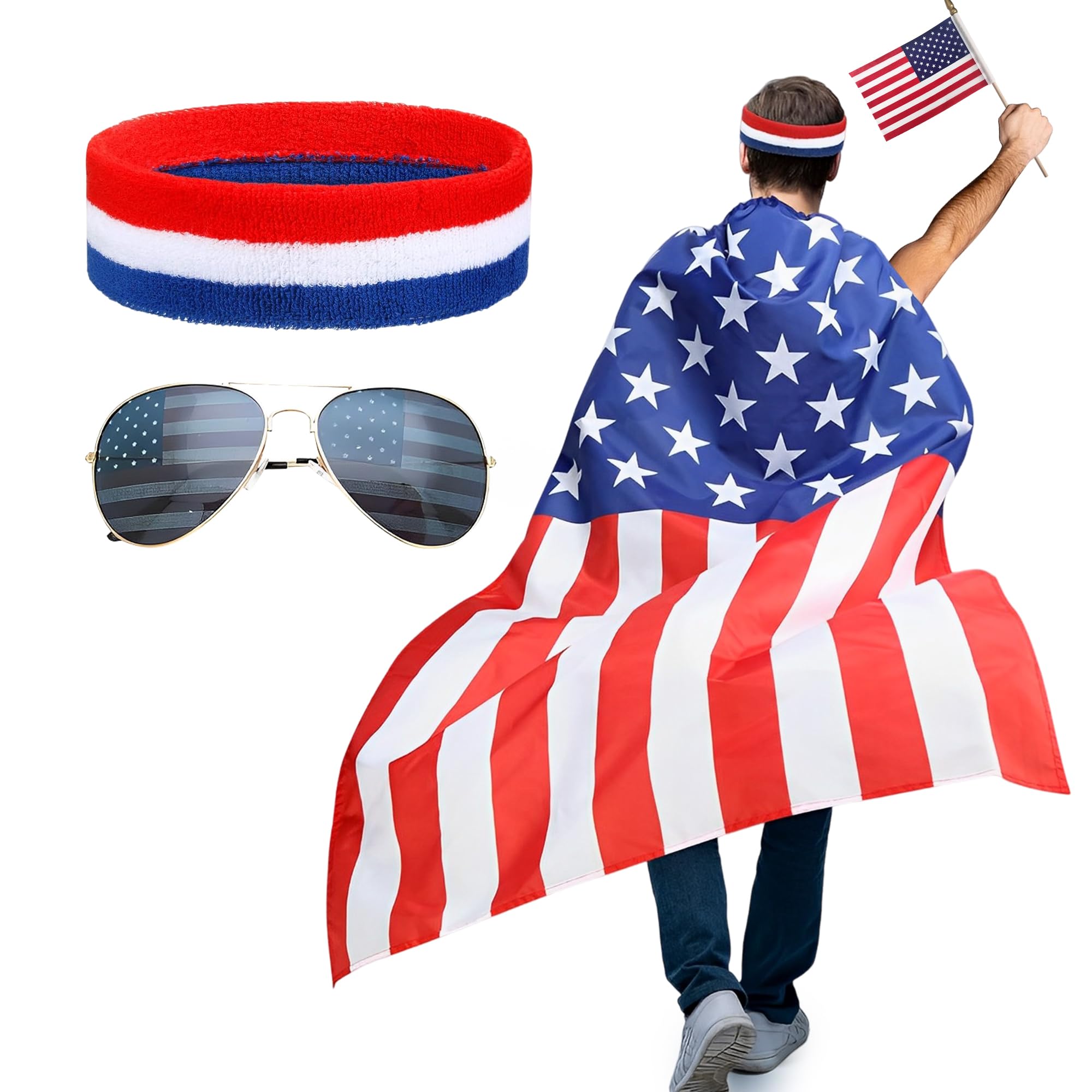 GenericAmerican Flag Costume Cape Set, USA Sunglasses and Flag Headband for Men Women 4th of July Independence Day Celebration Halloween Party Accessories, Large