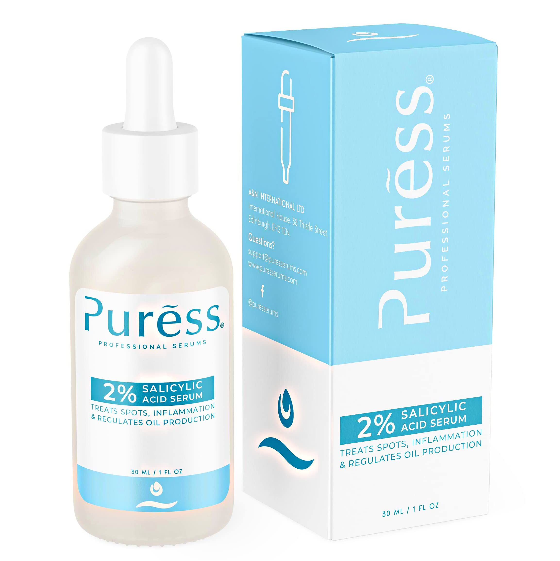 Puress 2% Salicylic Acid Serum - Face Exfoliating Serum - Treats Acne, Blemishes, Blackheads & Whiteheads - Deep Cleans & Unclogs Pores - Regulates Oil Production