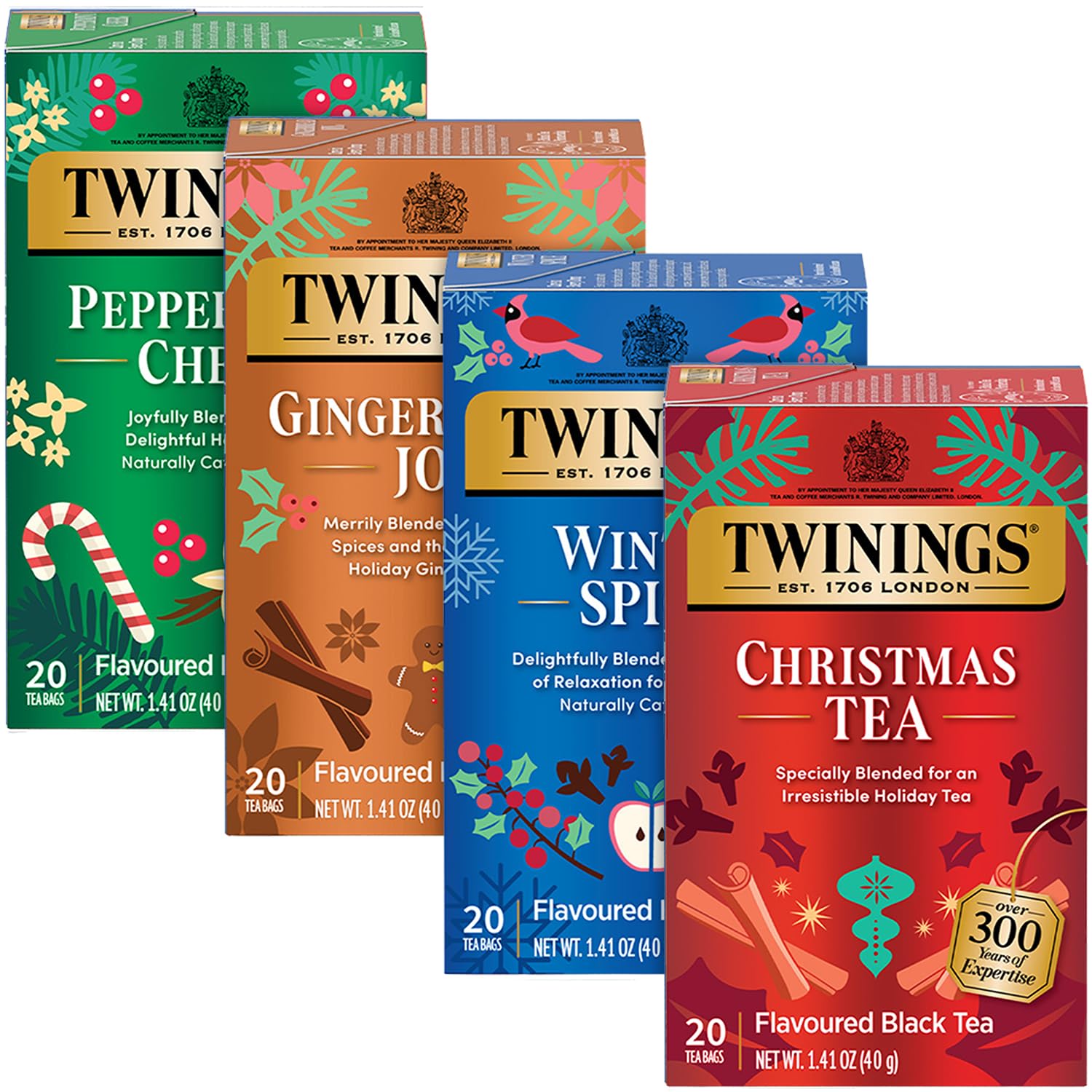 Twinings of London Holiday Variety Tea Bag Pack, Peppermint Cheer, Holiday Berry, Christmas Tea, Winter Spice, 20 Count (Pack of 4)