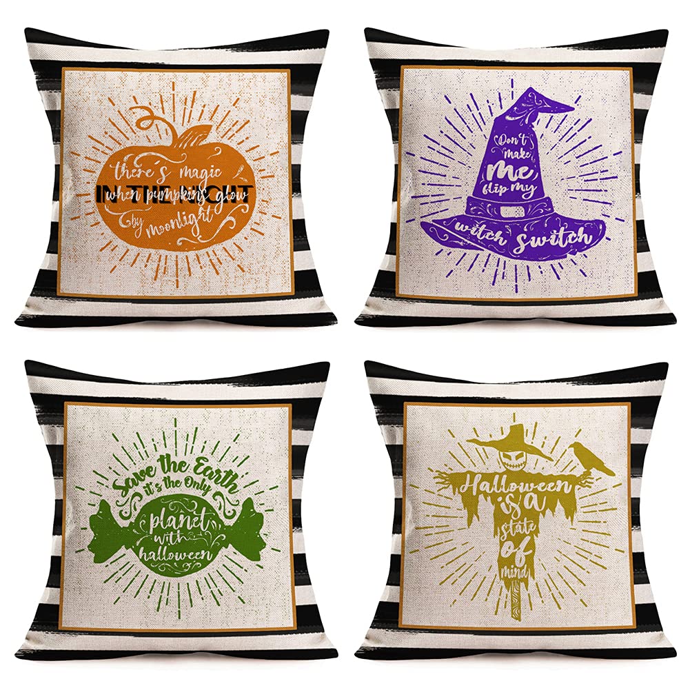 Qinqingo Halloween Watercolor Stripes Pillow Covers 18" x 18" Set of 4 Pumpkin Witch Hat Candy Scarecrow with Words Throw Pillow Cover Farmhouse Cushion Case for Fall Halloween Home Decor (WAT)