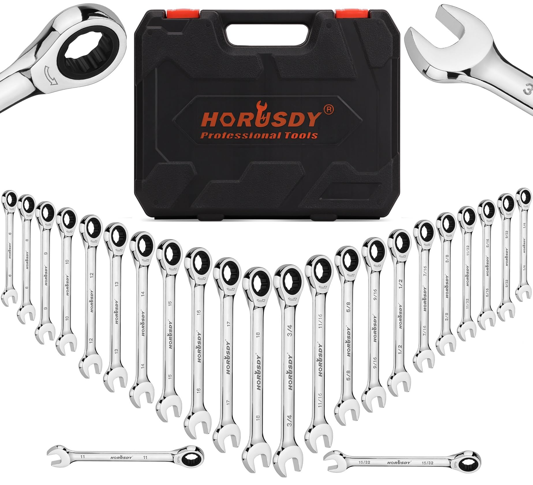 HORUSDY24-Piece Ratcheting Wrench Set | Metric and SAE | Ratchet Combination Wrenches Set with Organizer | 72-Teeth | Chrome Vanadium Steel | 6-18 mm & 1/4” to 3/4“