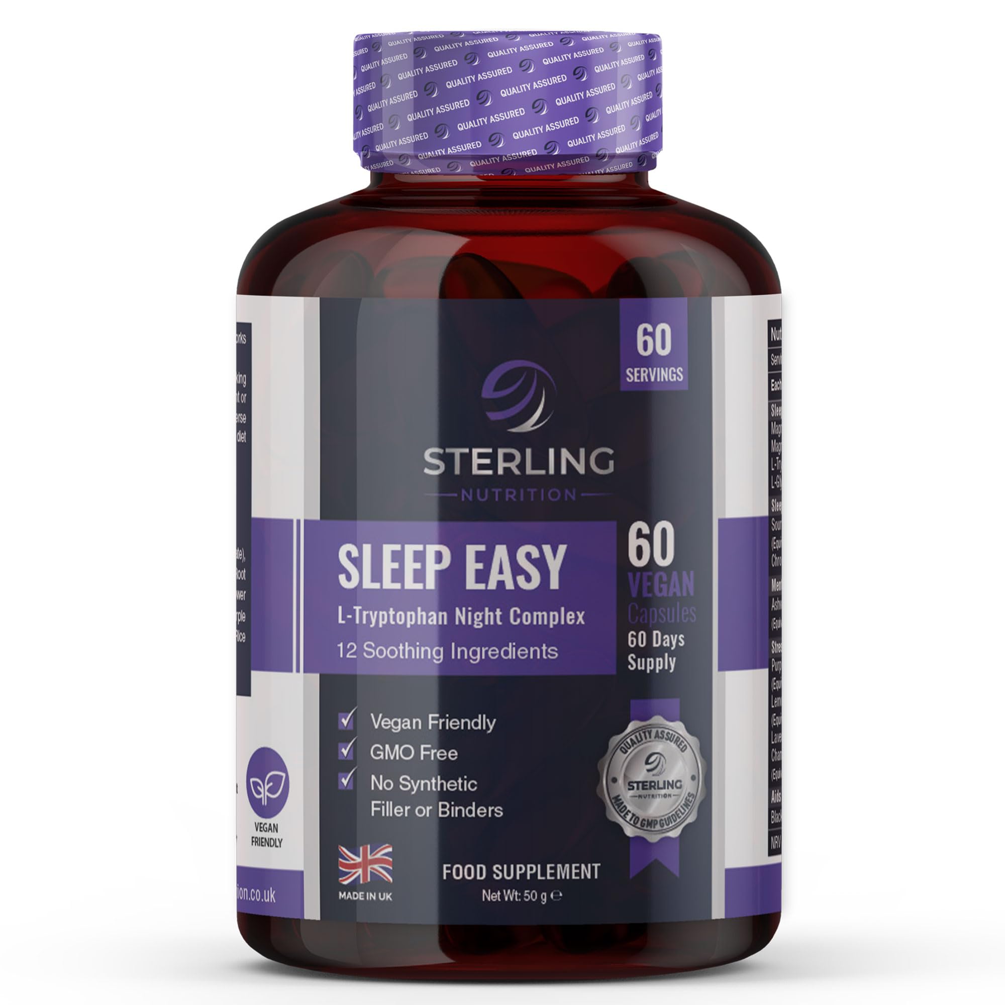 Vegan Sleeping Capsules - L-Tryptophan Night Complex 60 Capsules - Made in UK, Natural Sleep Aid for Restful Nights - Non-Habit Forming by Sterling Nutrition