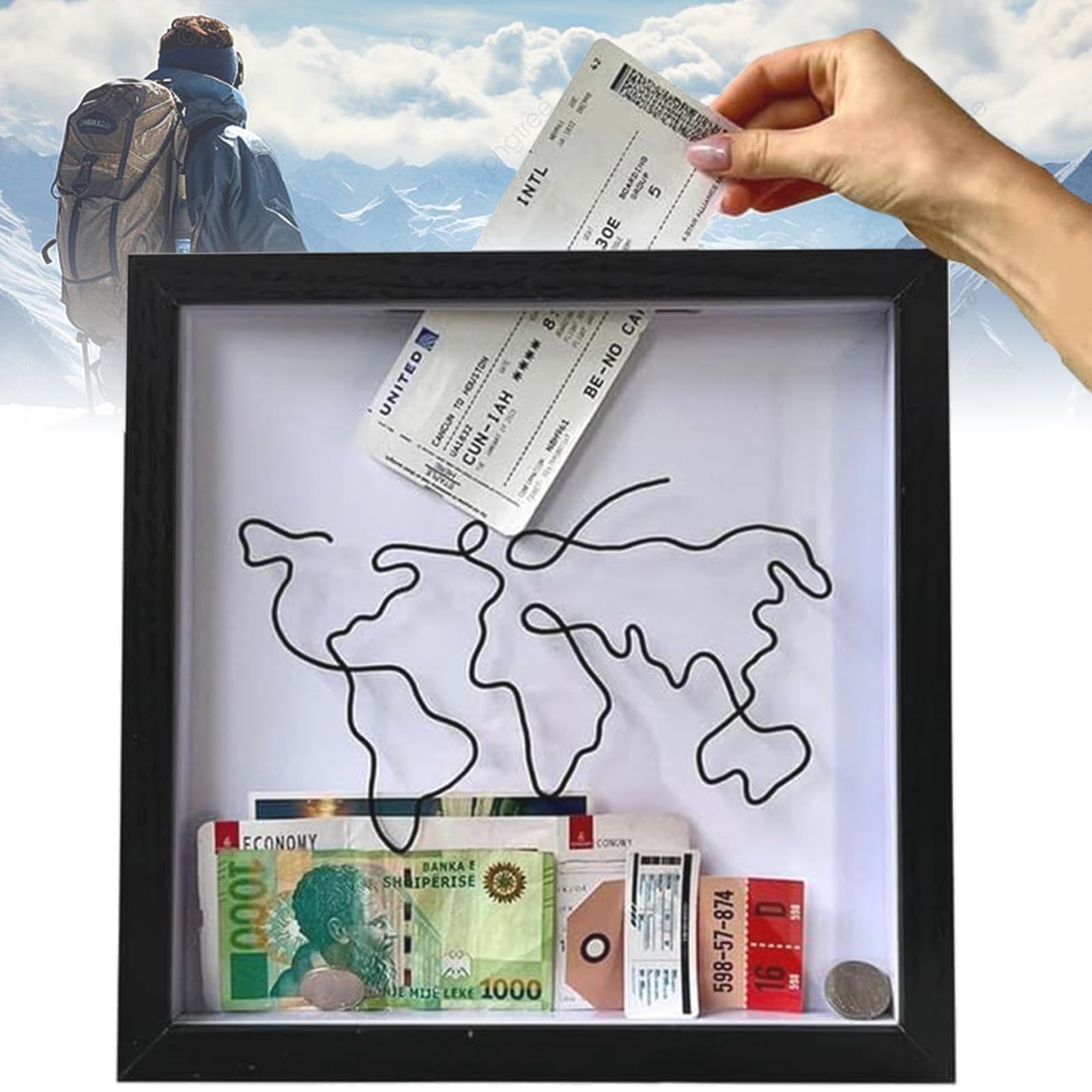 Jastown Large Size Adventure Archive Box,12Inch Black Travel Memory Box with World Map Design,Ticket Shadow Box with Slot,Wooden Creative Keepsake Box,Wood Frame Travel Ticket Box (30 * 30cm)