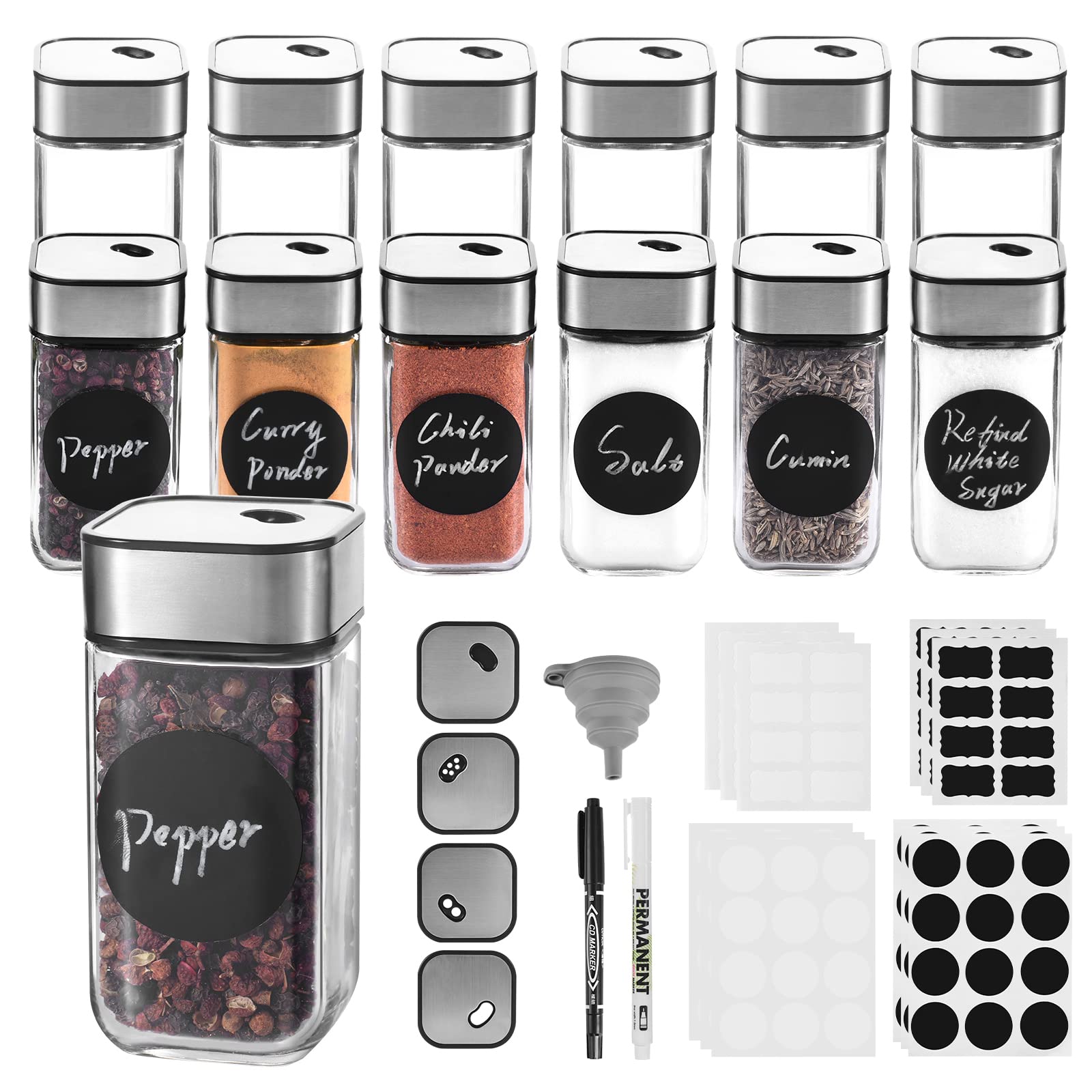 Akoatail 12 Glass Spice Jars, 4oz Square Spice Jars with Label, Spice Containers with Airtight Stainless Steel Turn Caps, Spice Bottles Empty Glass Labels, Glass Seasoning Jars Set