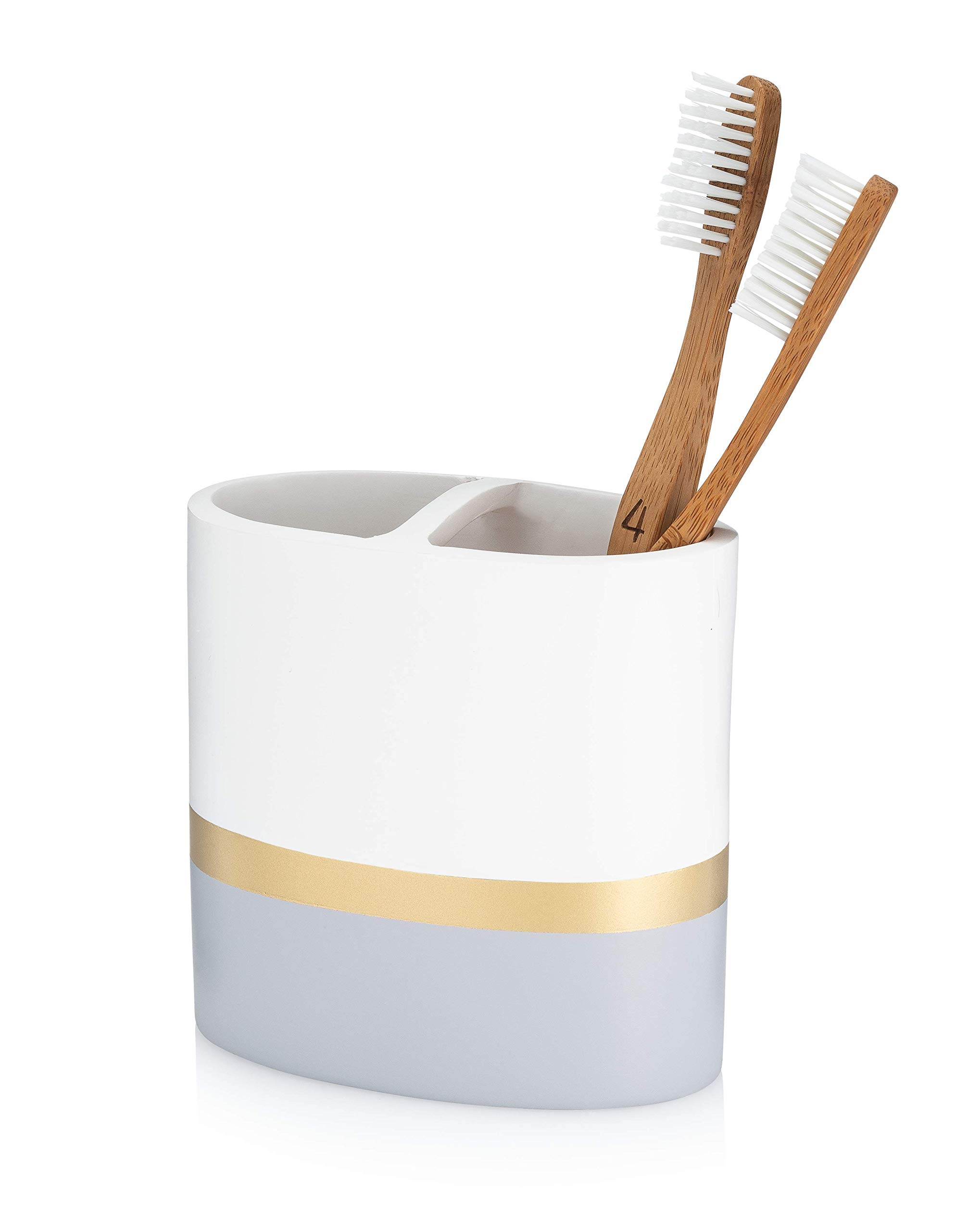 Essentra HomeDay and Night Collection White and Grey with Gold Stripe Toothbrush Holder