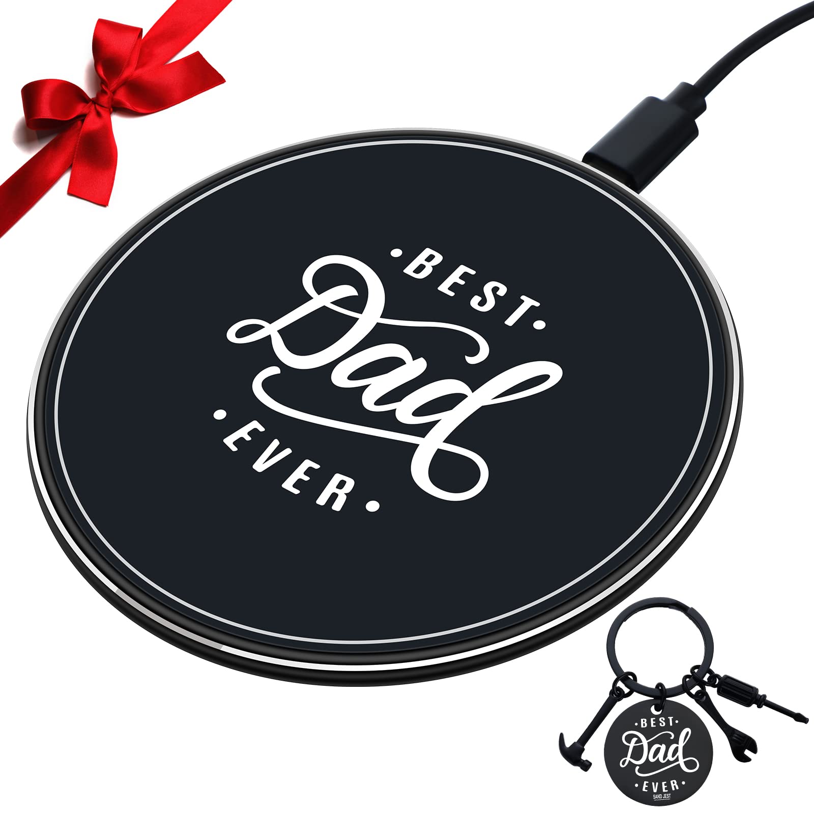 Geiserailie Dad Gifts Wireless Charger 15W Wireless Charging Pad Papa Gifts Dad Keychain Key Rings with Repair Tool Charm from Son Daughter for Daddy Birthday Present, Best Dad Ever