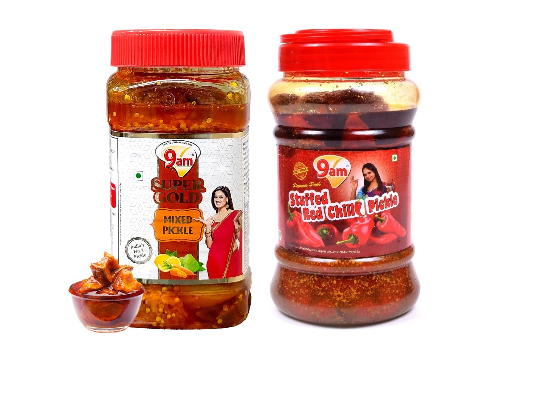 9am Red Chilli Pickle (400gm) & Mixed Pickle (450gm) Combo (Pack of 2) | Homemade Stuffed Red Chilli Pickles | Bharwa mirch ka achar | Chatpata Achar | Ready to Eat | Pickles with Storage Jar