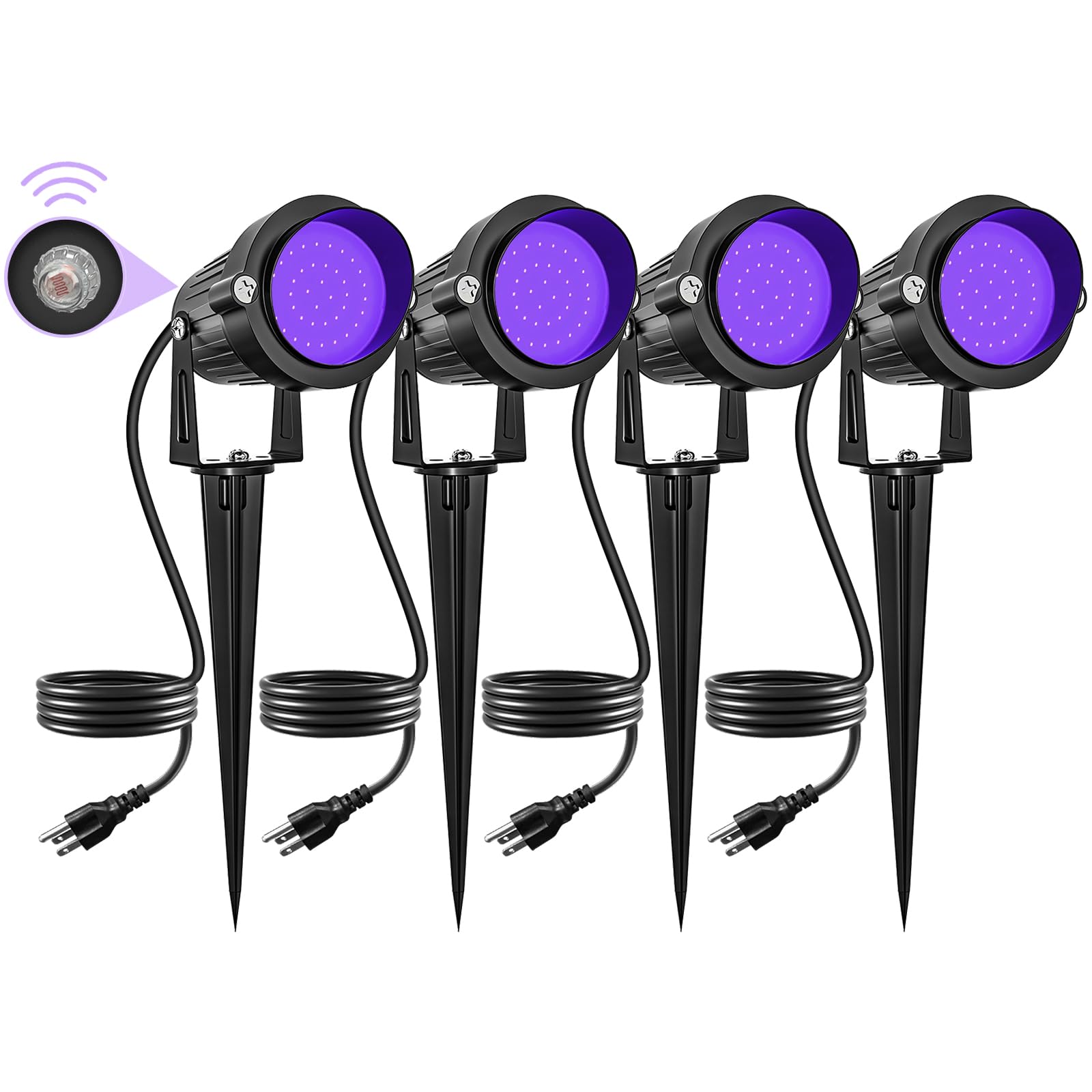 Halloween 120V Blacklight Spotlight 15W Outdoor LED Landscape Lighting Dusk to Dawn Photocell Light Sensor with US Plug for Glow Dance Party, Body Paint,Fluorescent Poster, Neon Glow (4 Pack)