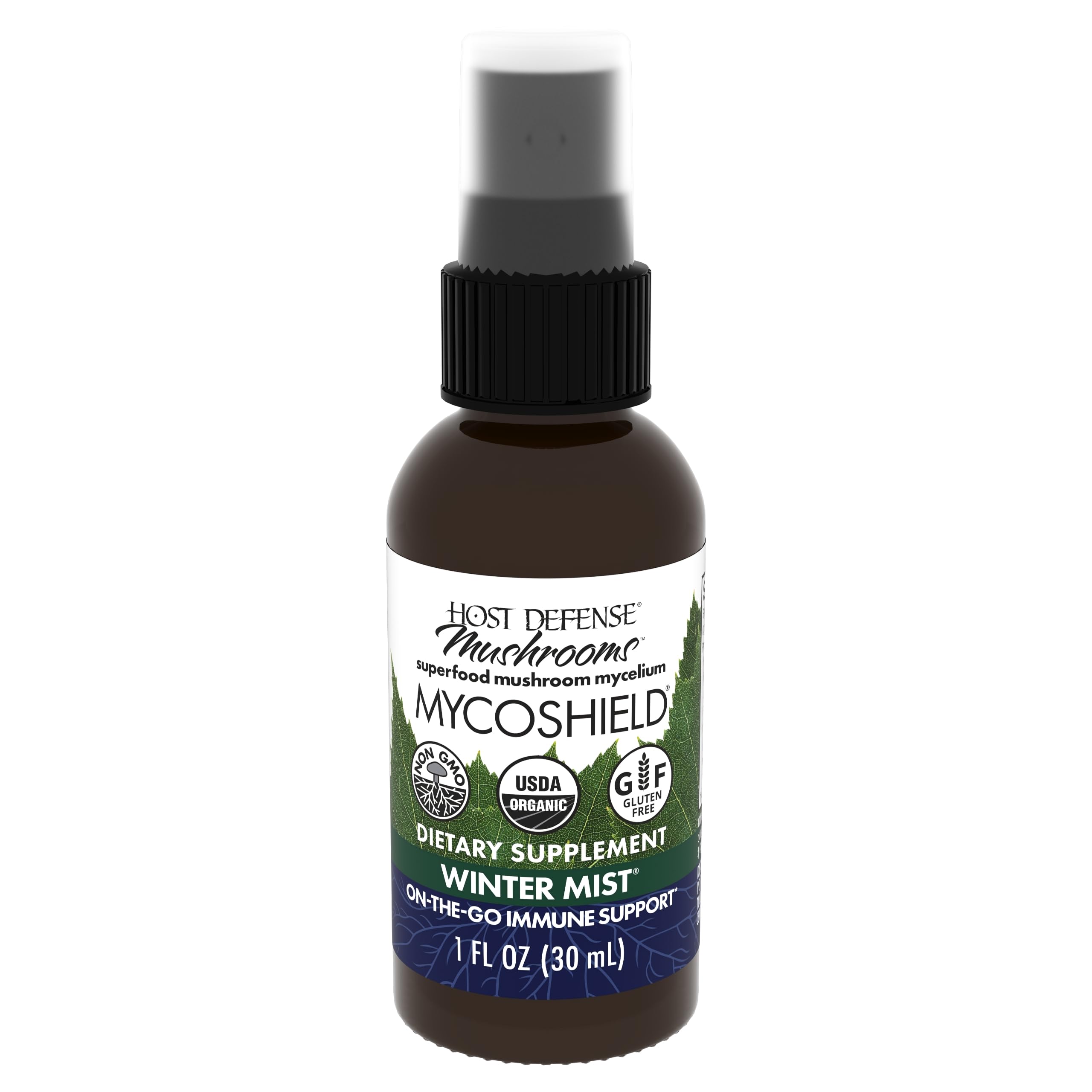 Host Defense MycoShield Throat Spray - Immune Health Support - Dietary Mushroom Supplement with Chaga, Reishi, Turkey Tail & More - On-The-Go Immune Support - Winter Mist, 1 fl oz (71 Servings)*