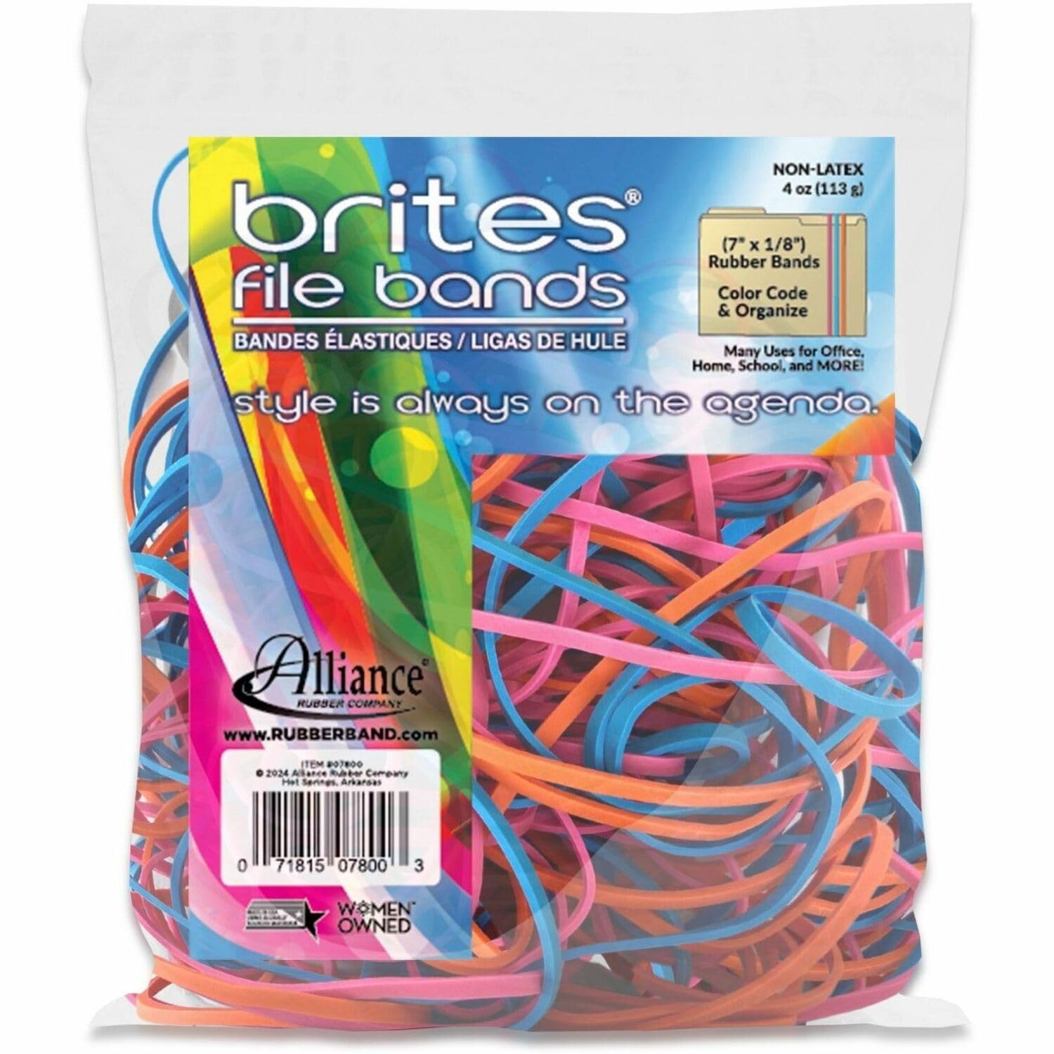 Alliance Rubber 07800 Non-Latex Brites File Bands, Colored Elastic Bands, 50 Count (Pack of 1) (7" x 1/8", Assorted Bright Colors in Resealable Bag),Blue/Orange/Pink