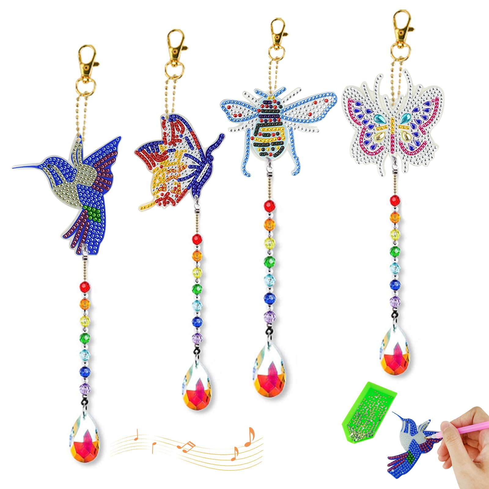 Locisne4 Diamond Painted Insect Wind Chimes (Butterfly 2/Bee 1/Hummingbird 1), Upgraded Crystal Pendants, Fun DIYCrystal Stickers, Bright Colors, Gifts