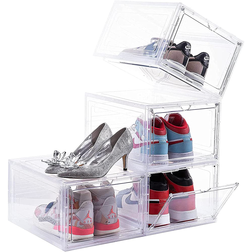 Homarket Drop Front Plastic Shoe Box with Clear Door,Set of 6,Stackable,For Display Sneakers,Easy Assembly(34x25x18 cm) (Type-6pcs)