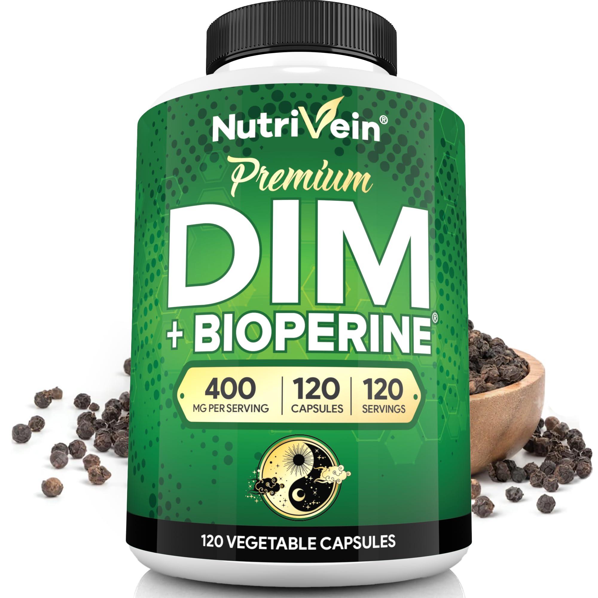 NutriveinDIM Supplement 400mg Diindolylmethane Plus Bioperine - Maintain Hormone Balance with Estrogen for Menopause and Middle Age - Supports Acne and PCOS Treatment Men & Women