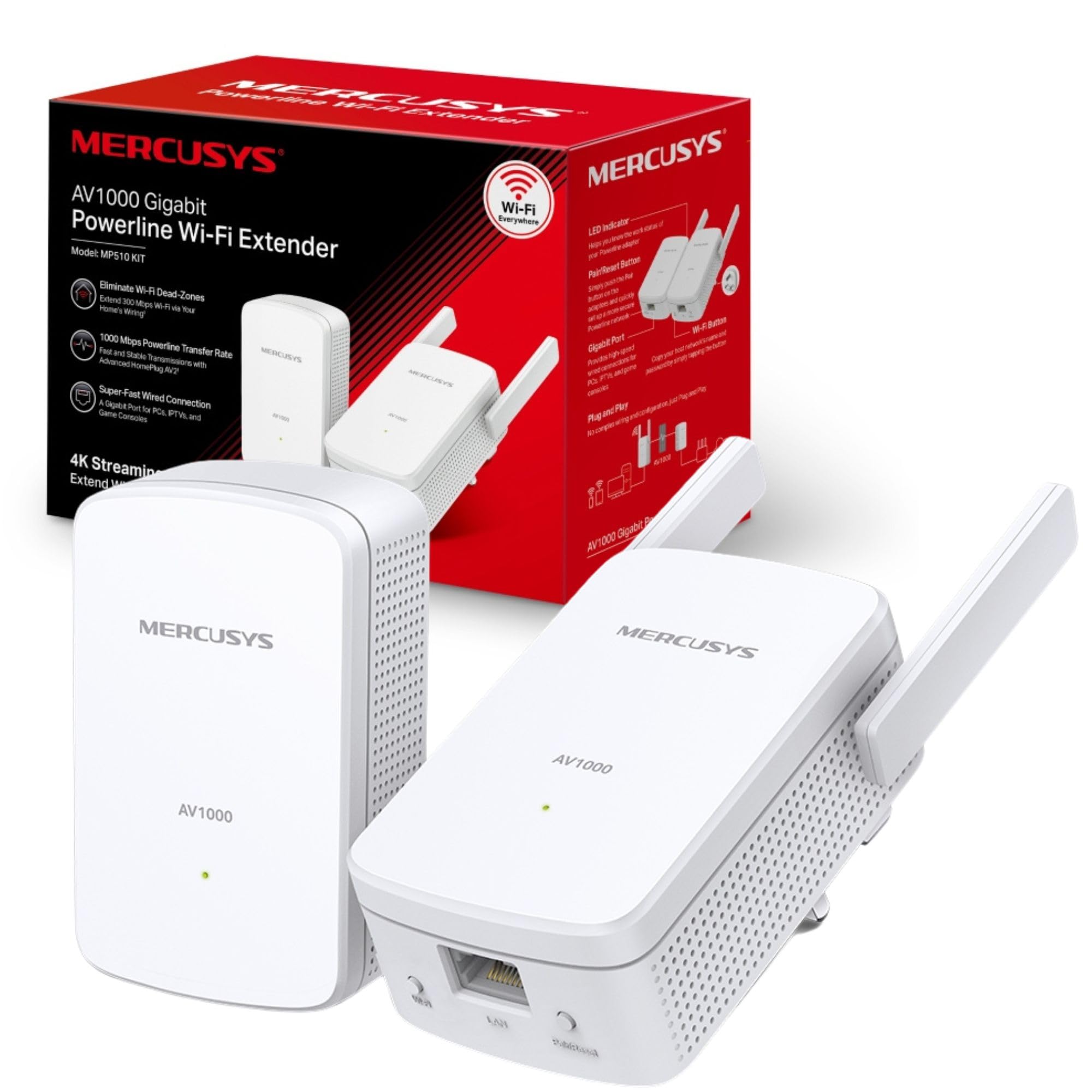 Mercusys AV1000 Gigabit Powerline Starter Kit, Data transfer speed Up To 1000 Mbps, Eliminate WiFi Dead Zones,with Extend 300 Mbps WiFi, No Configuration required (MP510 KIT), White packaging may vary