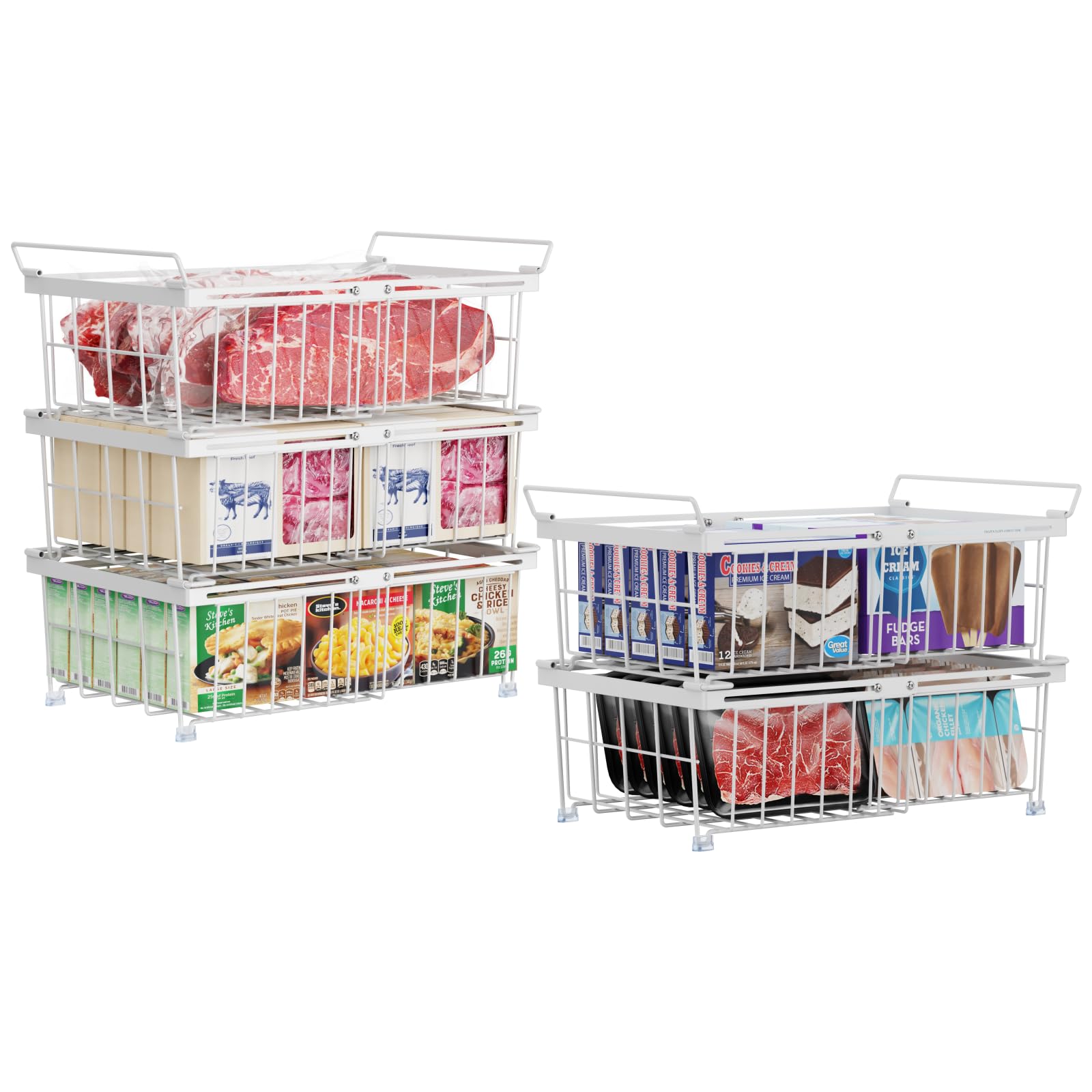 iSPECLE Freezer Organizer Bins - Fit 10 to 20 Cu.FT Deep Freezer, 5 Pack Large Expandable Stackable Chest Freezer Organizer Sort Frozen Food Easy to Get Food from Bottom Better Ventilation, White