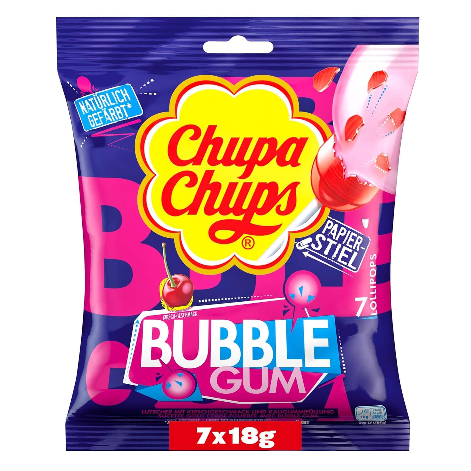 Chupa Chups Lollipops Bubble Gum Cherry 7 Pieces (126g) pack of 2