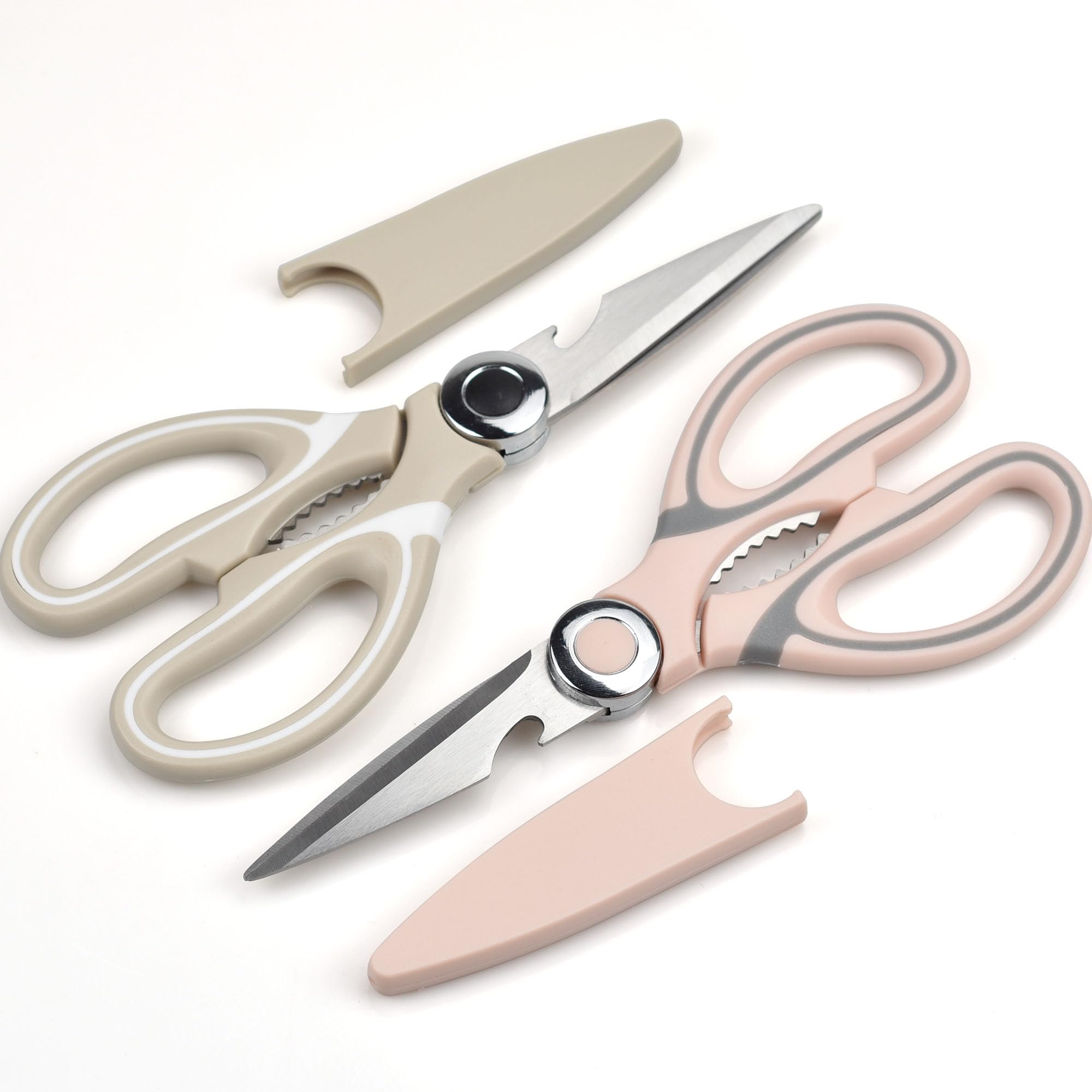 2Pcs Kitchen Scissors, Heavy Duty Kitchen Scissors, Multifunctional Steel Stainless Steel Scissors with Protective Sleeve, Ultra Sharp Food Scissors for Chicken, Poultry, Fish, Meat, Herbs(Pink &