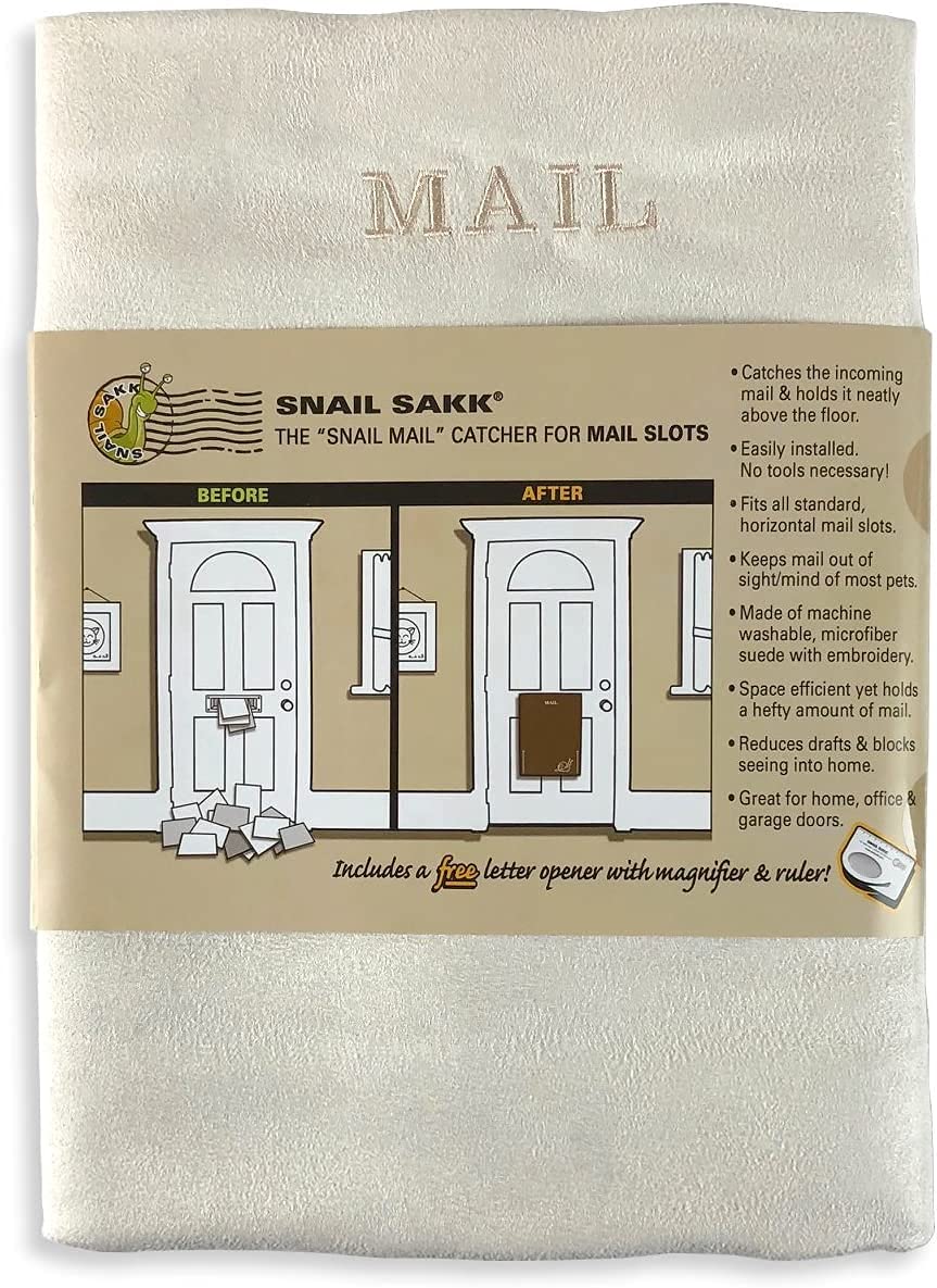 SNAIL SAKK: Mail Catcher for Mail Slots - Cream - with Clear Window!  No More Mail on The Floor.  No Screws or Tools Needed.  Draft reducing and Much More.  Use on Home, Office and Garage Doors.