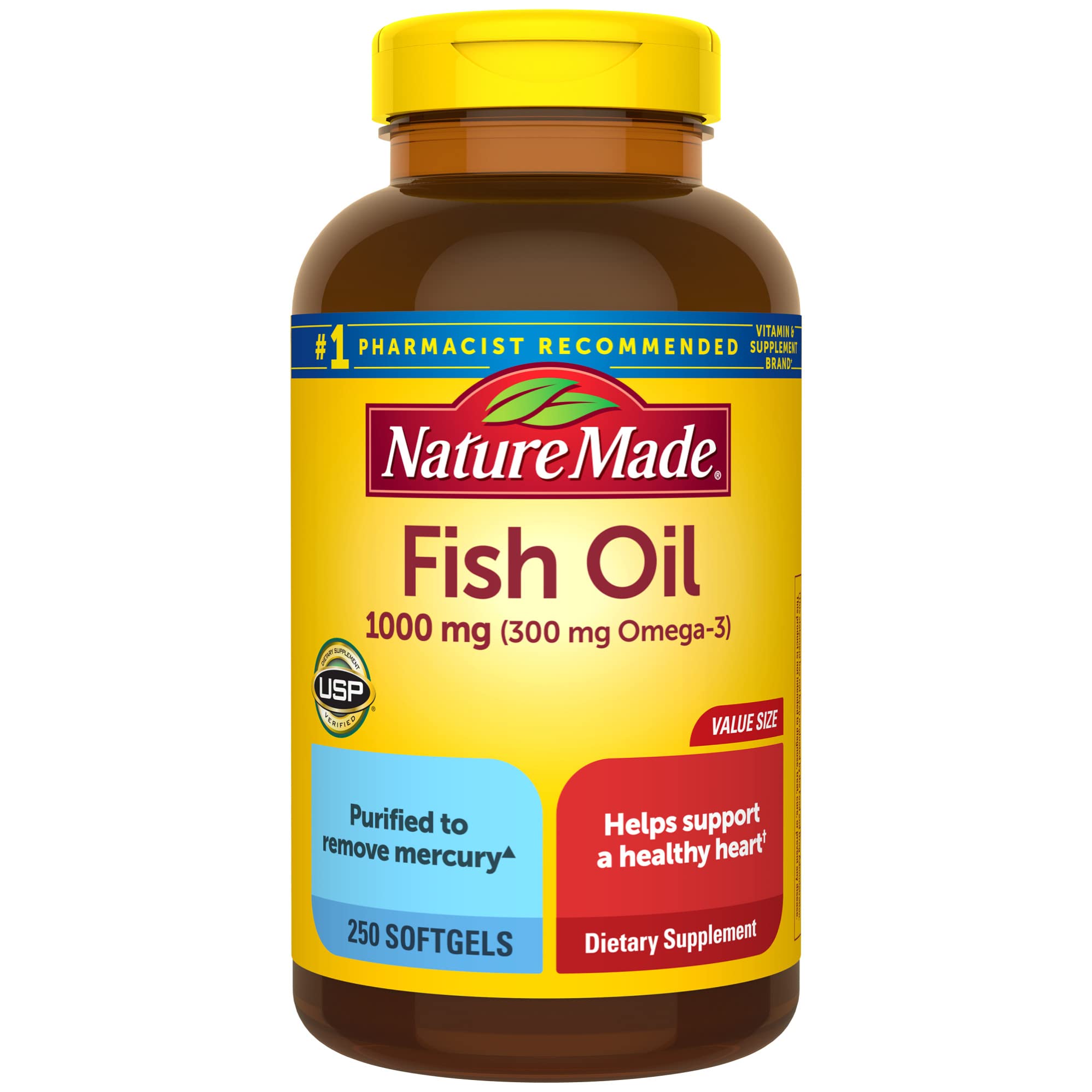 Nature MadeFish Oil 1000 mg Softgels, Omega 3 Fish Oil for Healthy Heart Support, Supplement with 250 Softgels, 125 Day Supply