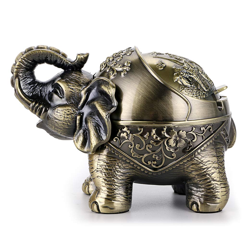 Hipiwe Elephant Windproof Ashtray with Lid, Desktop Metal Cigarette Ashtray Holder for Indoor or Outdoor Use, Unique Tobacco Ash Tray for Patio/Outside/office/Home Decor