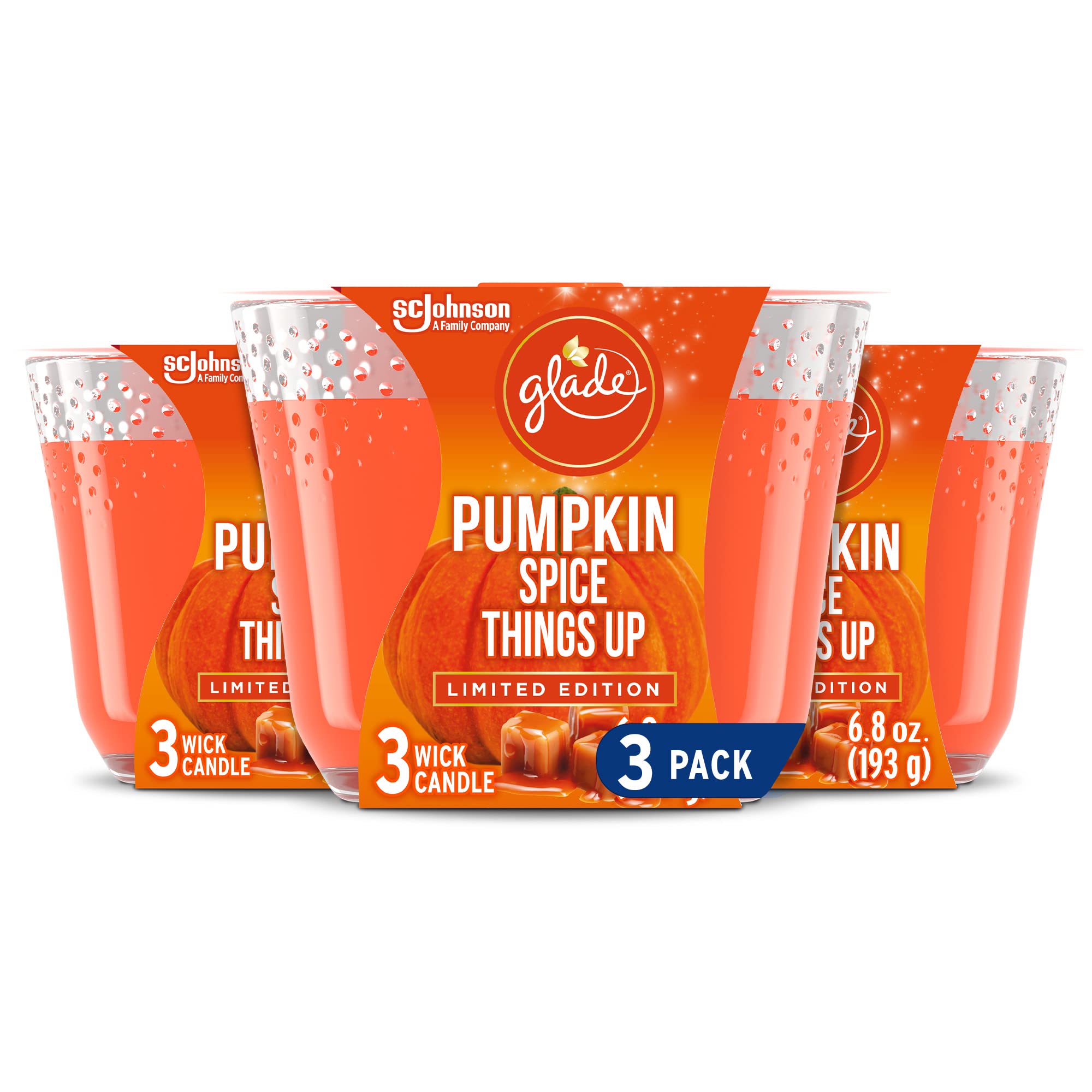 Glade Candle Pumpkin Spice Things Up, Fragrance Candle Infused with Essential Oils, Air Freshener Candle, 3-Wick Candle, 6.8oz, 3 Count