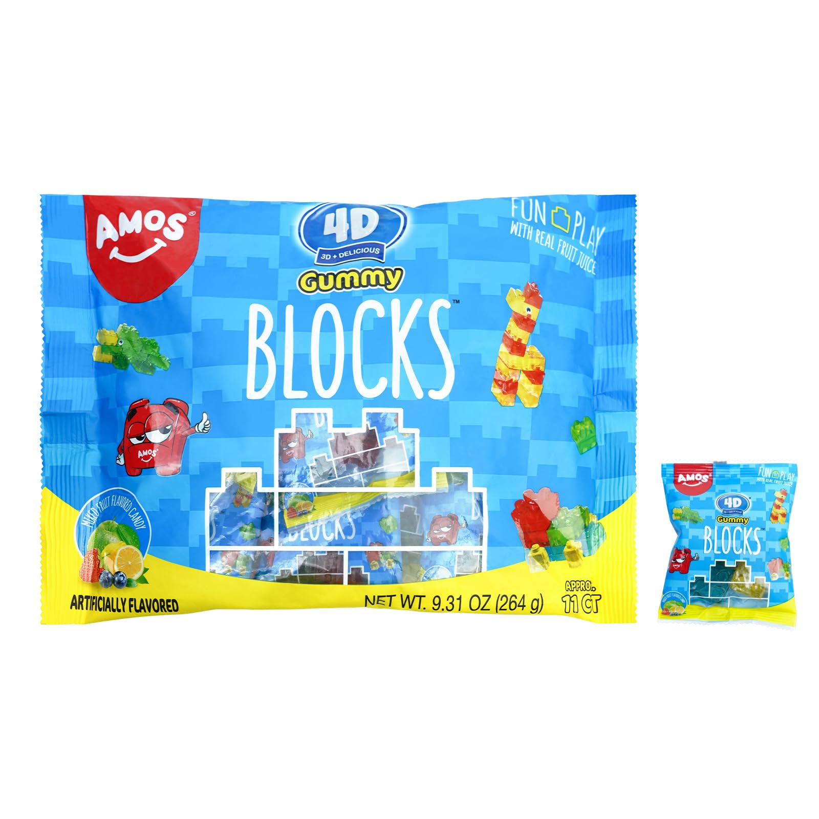 Amos4D Gummy Blocks - 9.31oz Bulk Pack for Kid's Birthday Party - Individually Wrapped Grab N Go Bag - Delicious Candy Treats