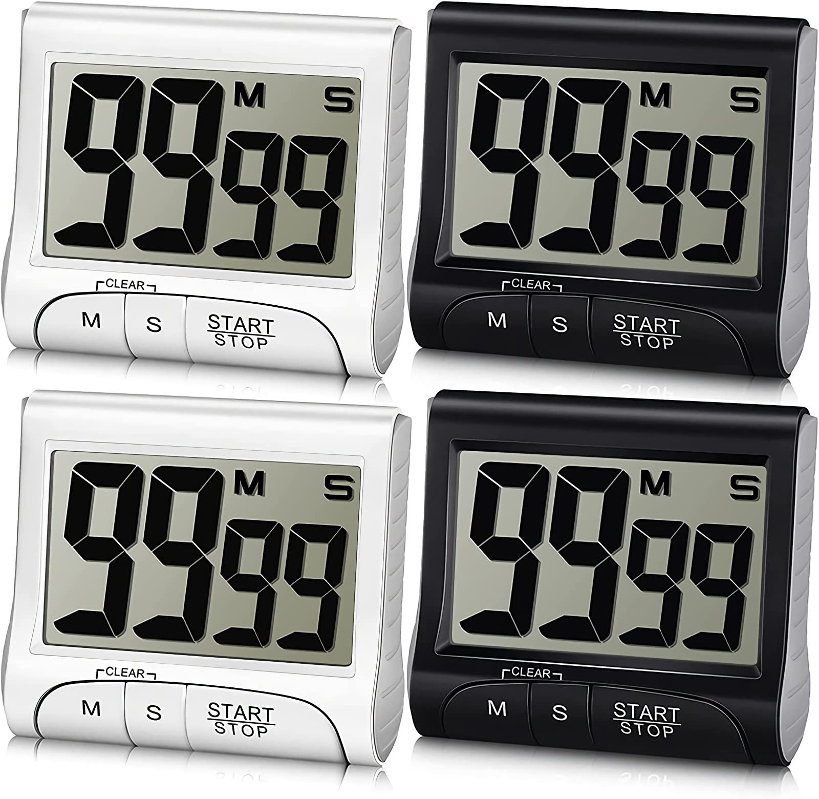 Large Display Kitchen Cooking Timer LCD Screen Digital Timer Countdown Display Strengthen Magnetic Clock with Stand Loud Alarm for Kitchen Games Shower Meetings Classroom, Black White(4 Pieces)