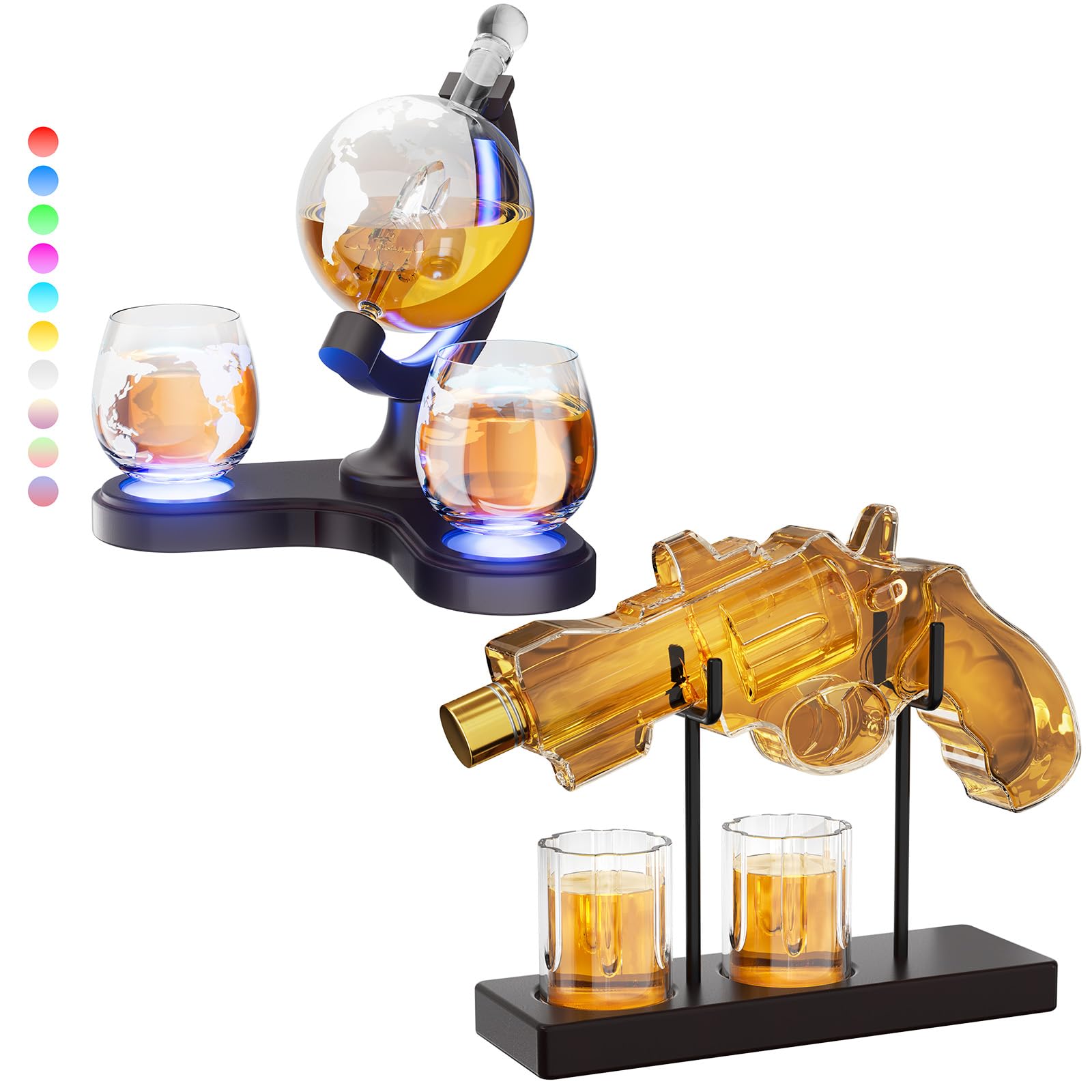 Gifts for Men Dad, Kollea 9 Oz Whiskey Decanter Set with 2 Glasses and Kollea 30.4 Oz Globe Decanter Set with 7 Color RGB Light