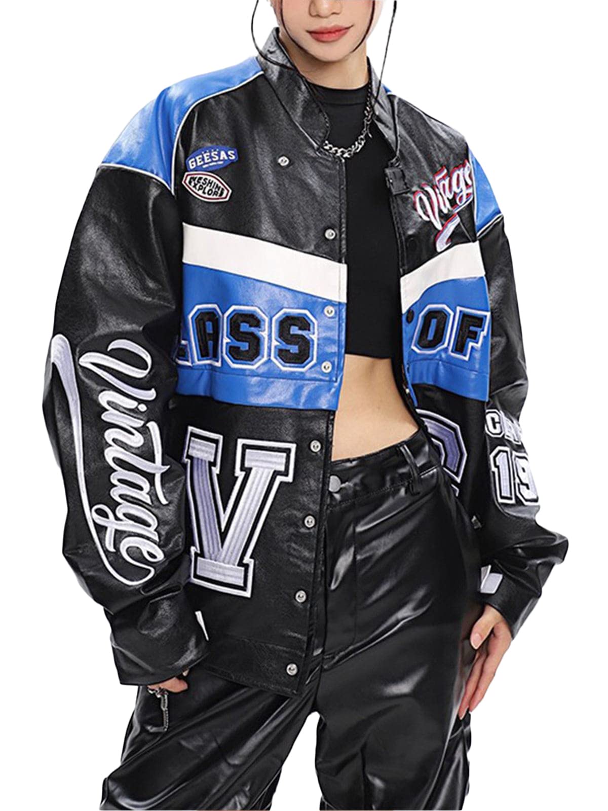 VamtacVintage Men Motorcycle Bomber Varsity Jackets Graphic Casual Loose Hip-Hop Letterman Streetwear Uniforms