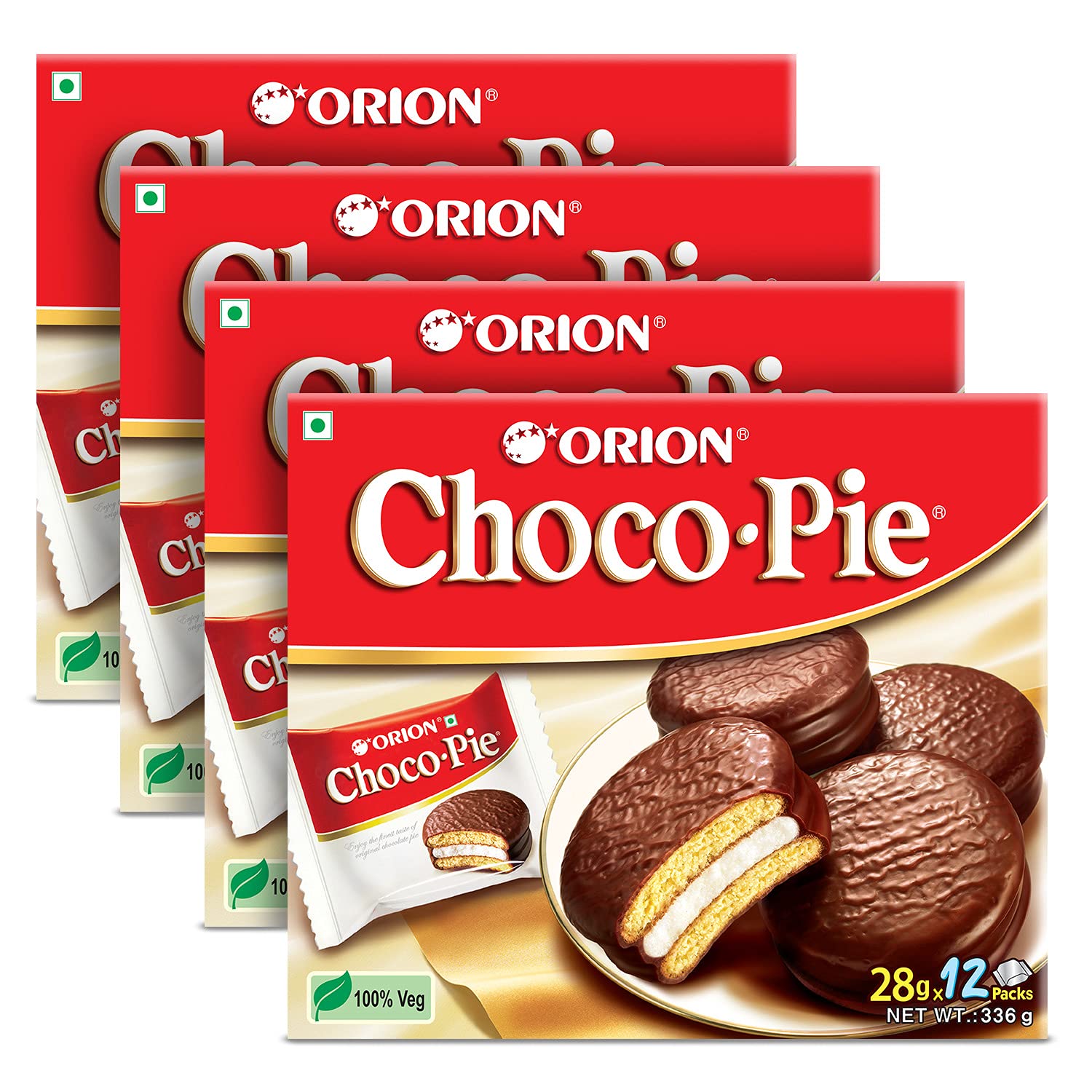 ORION Choco Pie, Chocolate Coated Soft Biscuit, 4 x 12 Piece Pack