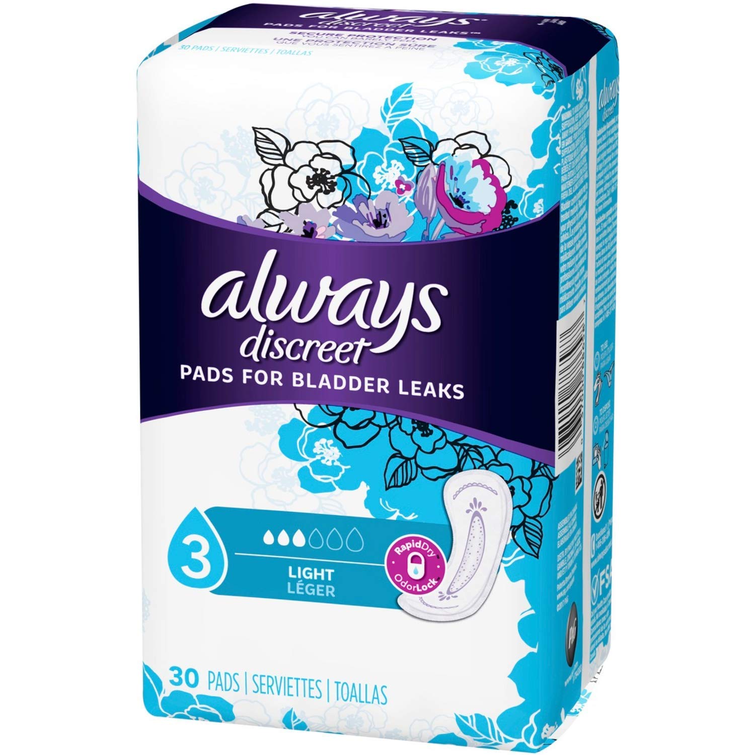 AlwaysDiscreet, Incontinence Light Pads, 3 Drops, 30 Pads each (Value Pack of 6)