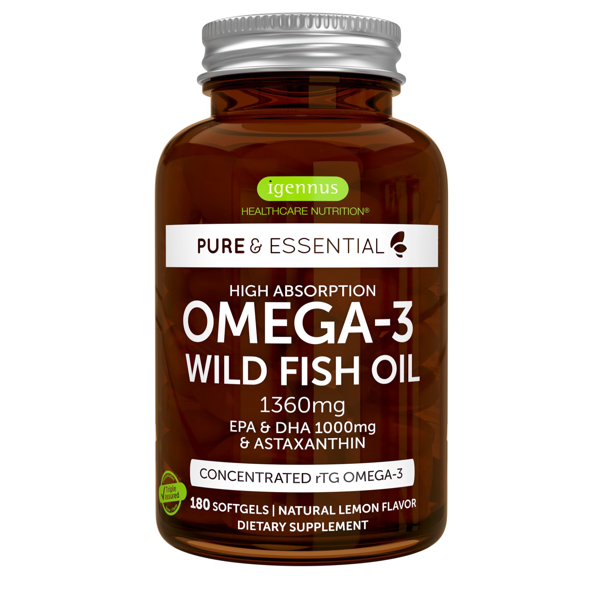 Advanced Triglyceride Omega 3 Wild Fish Oil rTG EPA DHA 1000mg & Astaxanthin, Non-GMO, Super Concentrated, Ultra Pure & Free from Environmental Toxins, Lemon Flavor, 180 Softgels by Igennus