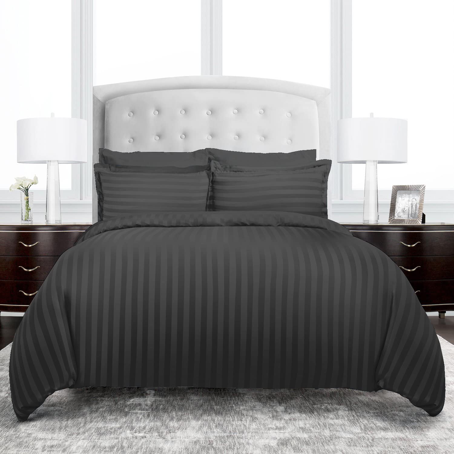 TW Premier Hotel Duvet Cover Stripe 240x260cm King Size 6 Pcs Set, 1 Duvet Cover 260x240cm (Without Filling), 1 Fitted Bed Sheet 200x200+30cm, 2 Pillow Cases 50x75+5cm, 2 Pillow Cases 50x75cm (Black)