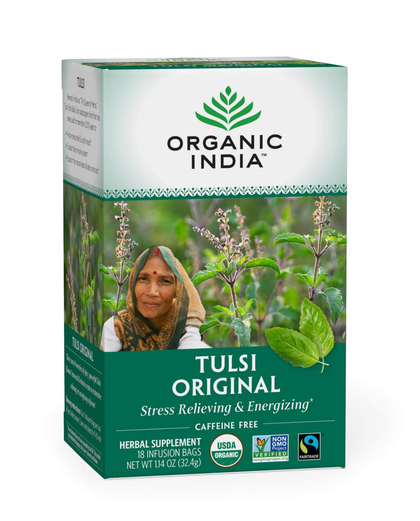 Organic India Tulsi Original Herbal Tea - Stress Relieving & Energizing, Immune Support, Adaptogen, Vegan, Gluten-Free, USDA Certified Organic, Non-GMO, Caffeine-Free - 18 Infusion Bags, 1 Pack