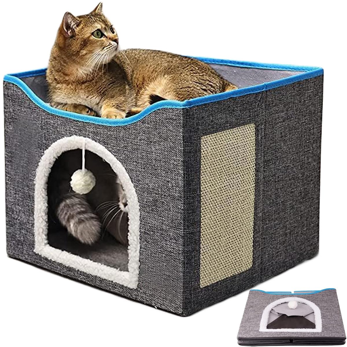 NeoStyle Foldable Cat House with Scratcher,Cat Bed for Indoor Cats,Cat Nest,Foldable Cat Cube Cave,Large Pet Play House with Fluffy Ball Hanging,Scratch Pad(new, grey)