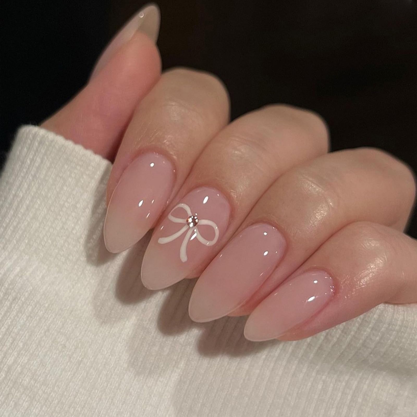 24Pcs Short False Nails - Pink French False Nails Press on Nails - Full Cover False Nails White Almond Stick on Nails - French Fake Nails Stick on Nails for Women and Girls Nail Art