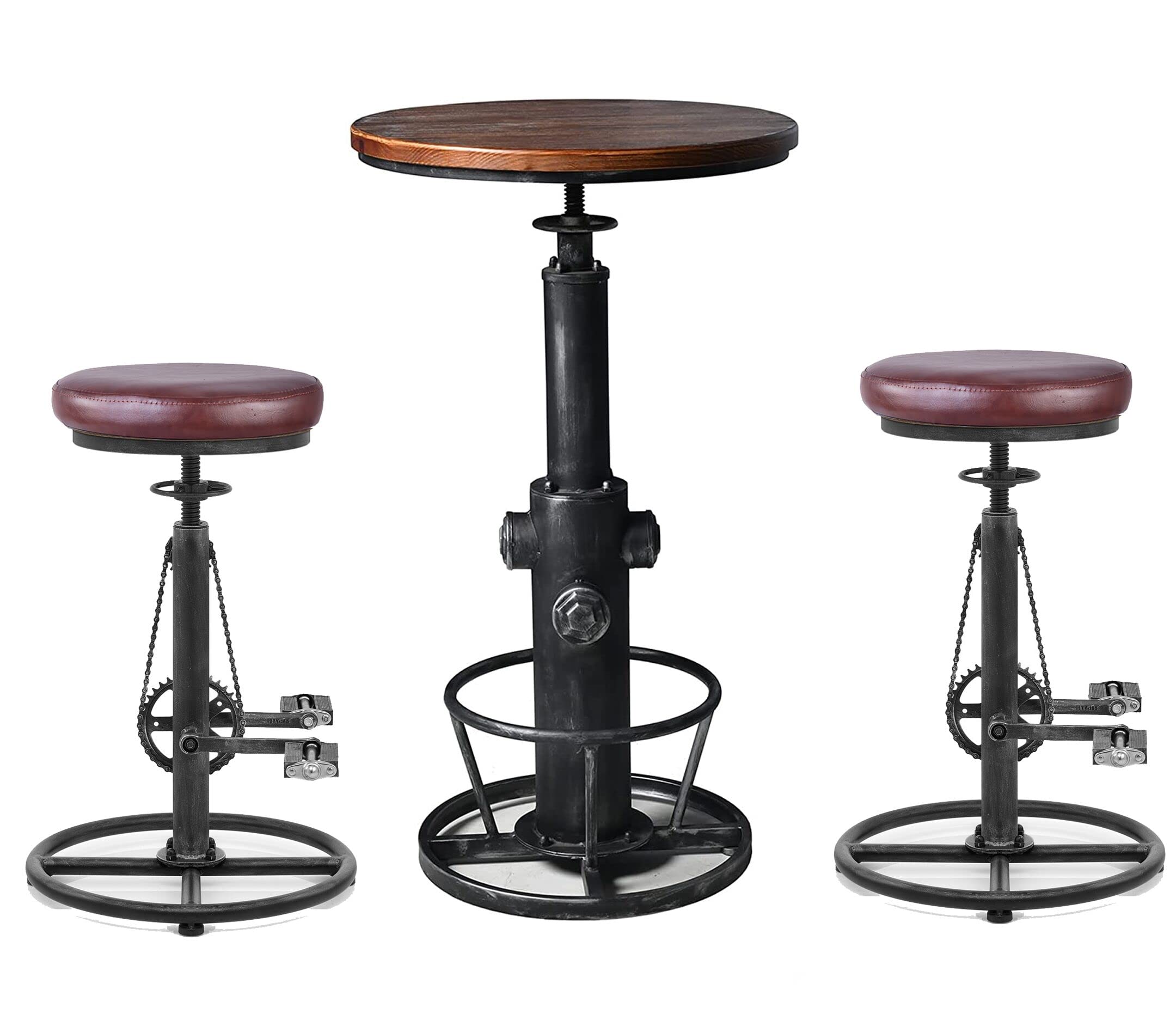 Topower3 Piece Pub bar Set Retro Round bar Table and Bicycle Chain Design Stools for 2 Height Adjustable Pub Table and stools Match bar Height and Counter Barstool Silver(1 Table + 2 Chairs)