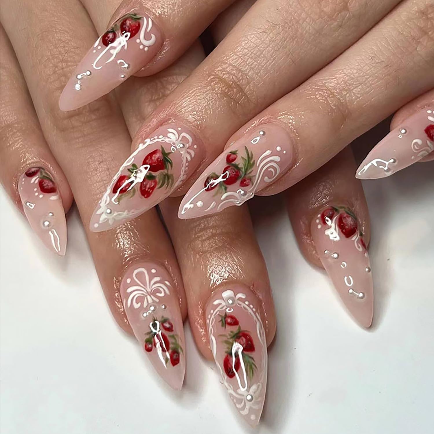 TazweeqFake Nails, 24 Pcs Almond Press on Nails, Cute Strawberry Pattern Designs Stick on Nails for Women Girls Cute Nails