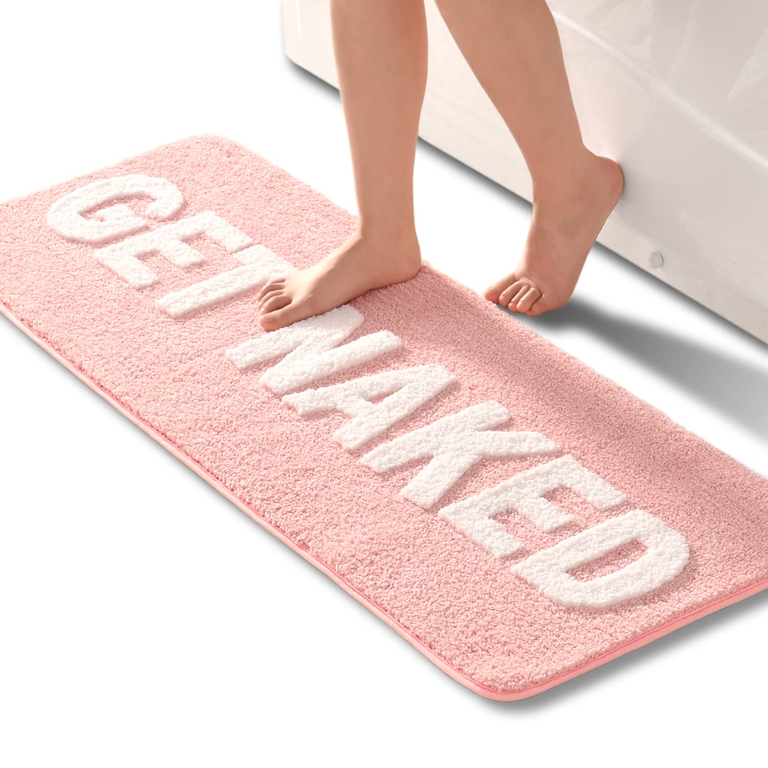 Get Naked Bath Mat Cute Pink and White Bathroom Rugs Funny Non Slip Bathtub Decor Mats Super Absorbent Floor Carpet Machine Washable Bahtmat for Tub, Shower, Bedroom 18"x48"