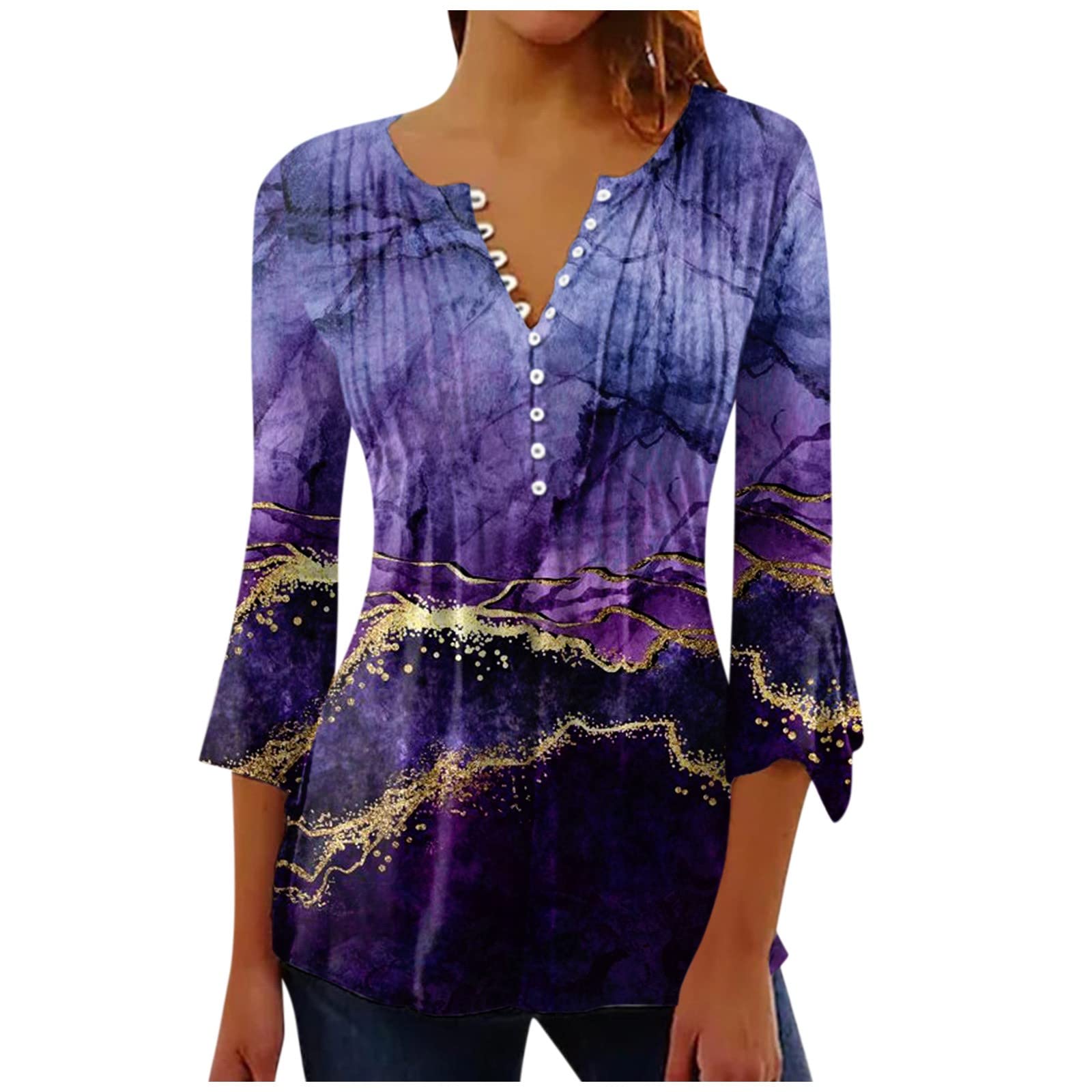 Ladies Tops Button Up Shirts for Women Floral Pleated Raglan Tunic Tops Casual 3/4 Sleeve V Neck Women's Blouses & Shirts Funky Fast-Drying Shiteshirts for Women Ethnic Style Multicolor S-3XL