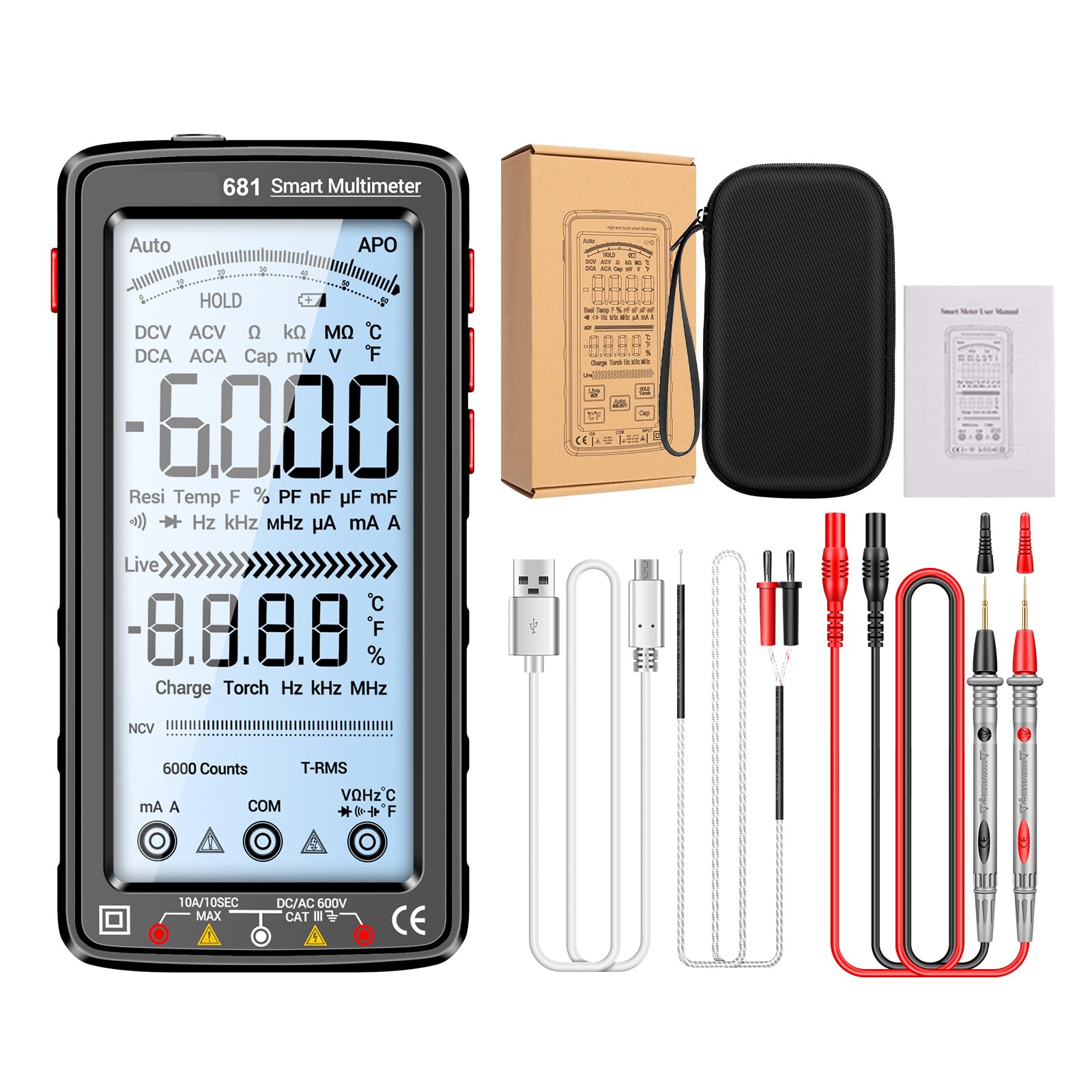 Eacam 6000 Counts Digital Multimeter Smart Anti-burn Rechargeable Universal Meter NCV Tester 5-inch Large LCD with Backlit Flashlight for Voltage Current Resistance Capacitance Temperature Measurement