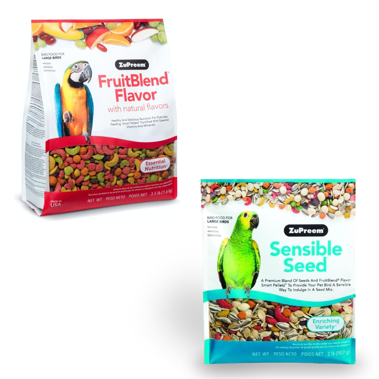 ZuPreemFruitBlend & Sensible Seed Bird Food Pack for Cockatoos, Macaws, Daily Nutrition and Enriching Variety for Large Birds Made in USA (3.5 lb + 2 lb Pack of 2)